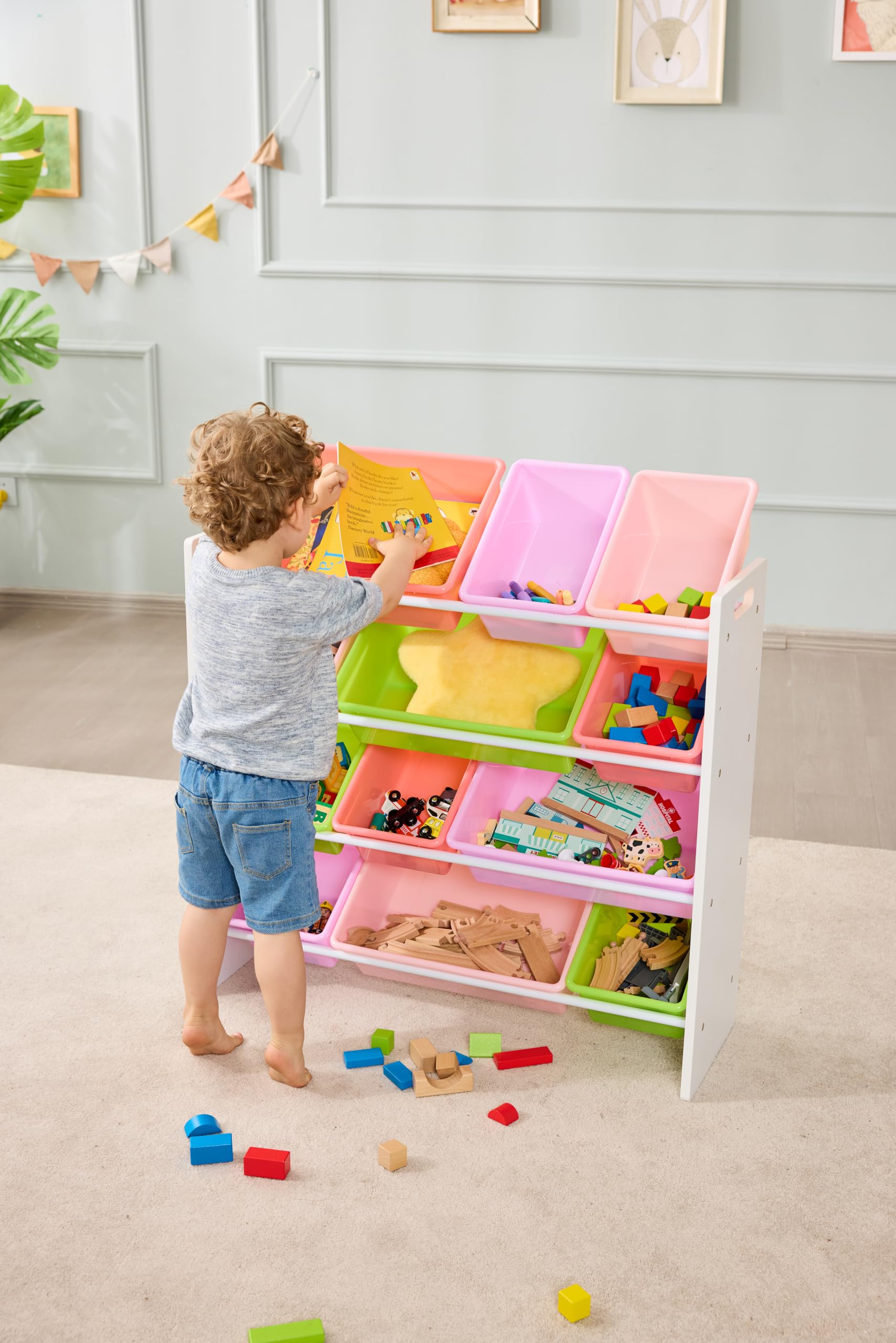 Amazon Basics Organizer Giocattoli 12 Contenitori Bianco Rosa Legno