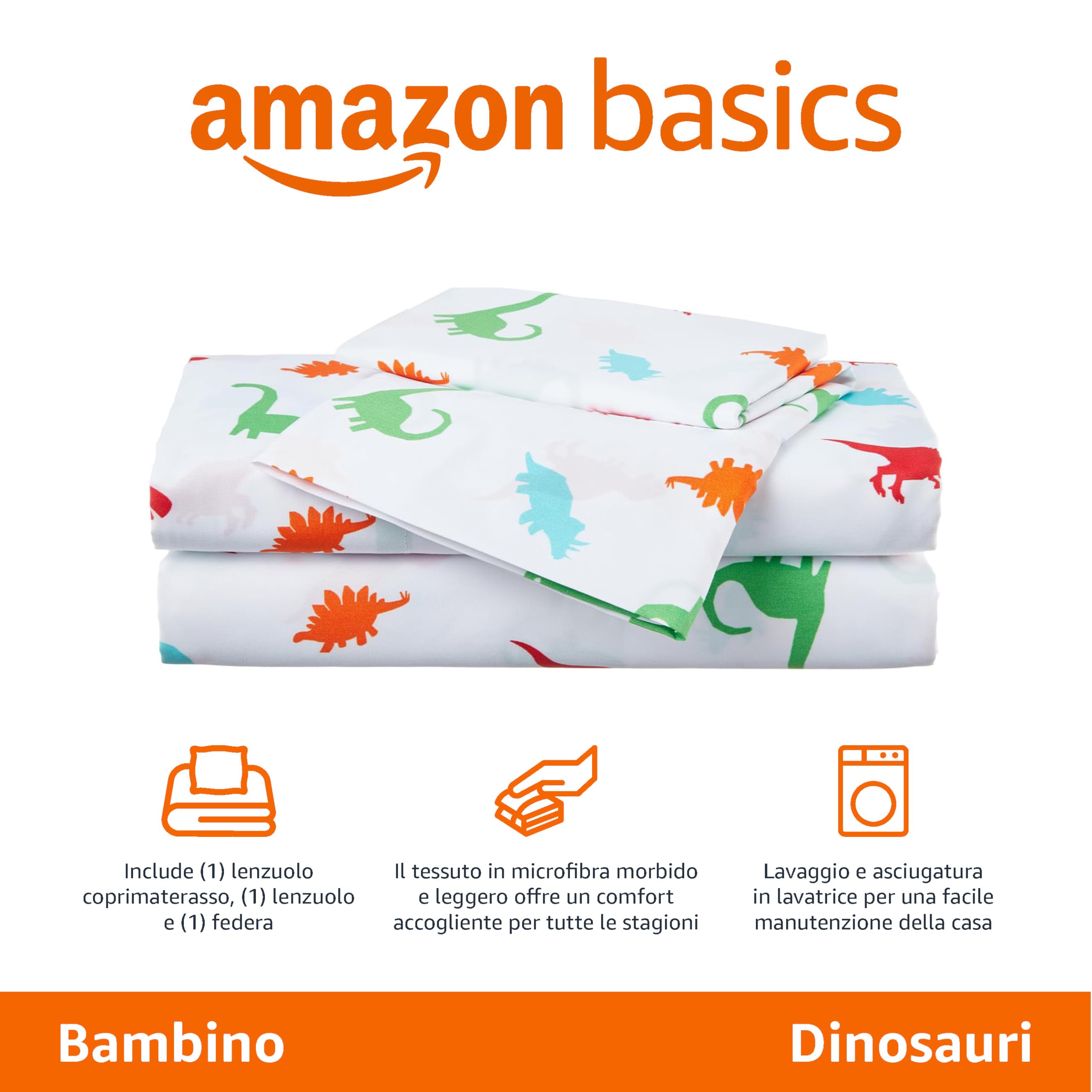 AmazonBasics Set lenzuola bambini dinosauri 3 pezzi
