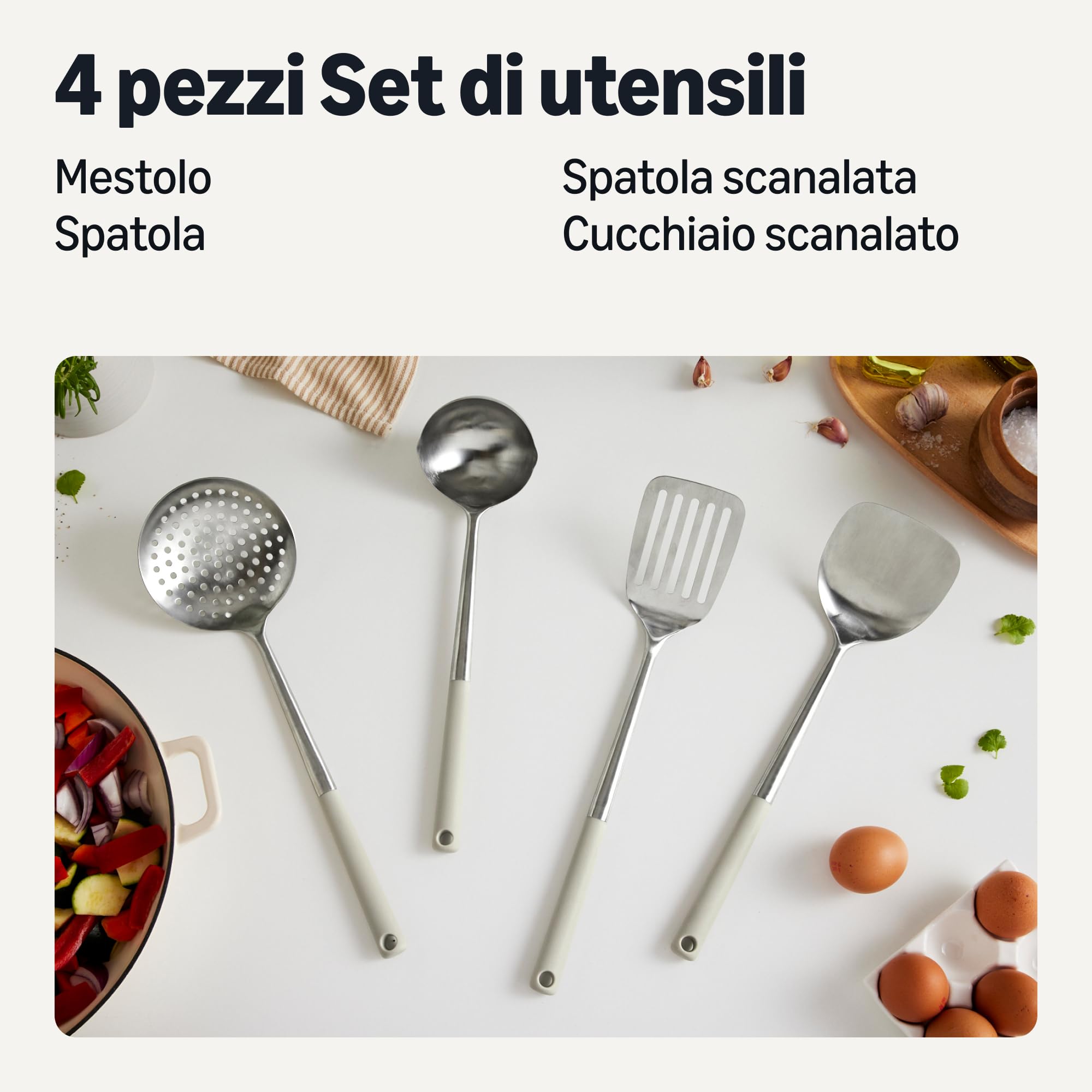 Amazon Basics Set Utensili Cucina Acciaio 4 Pezzi