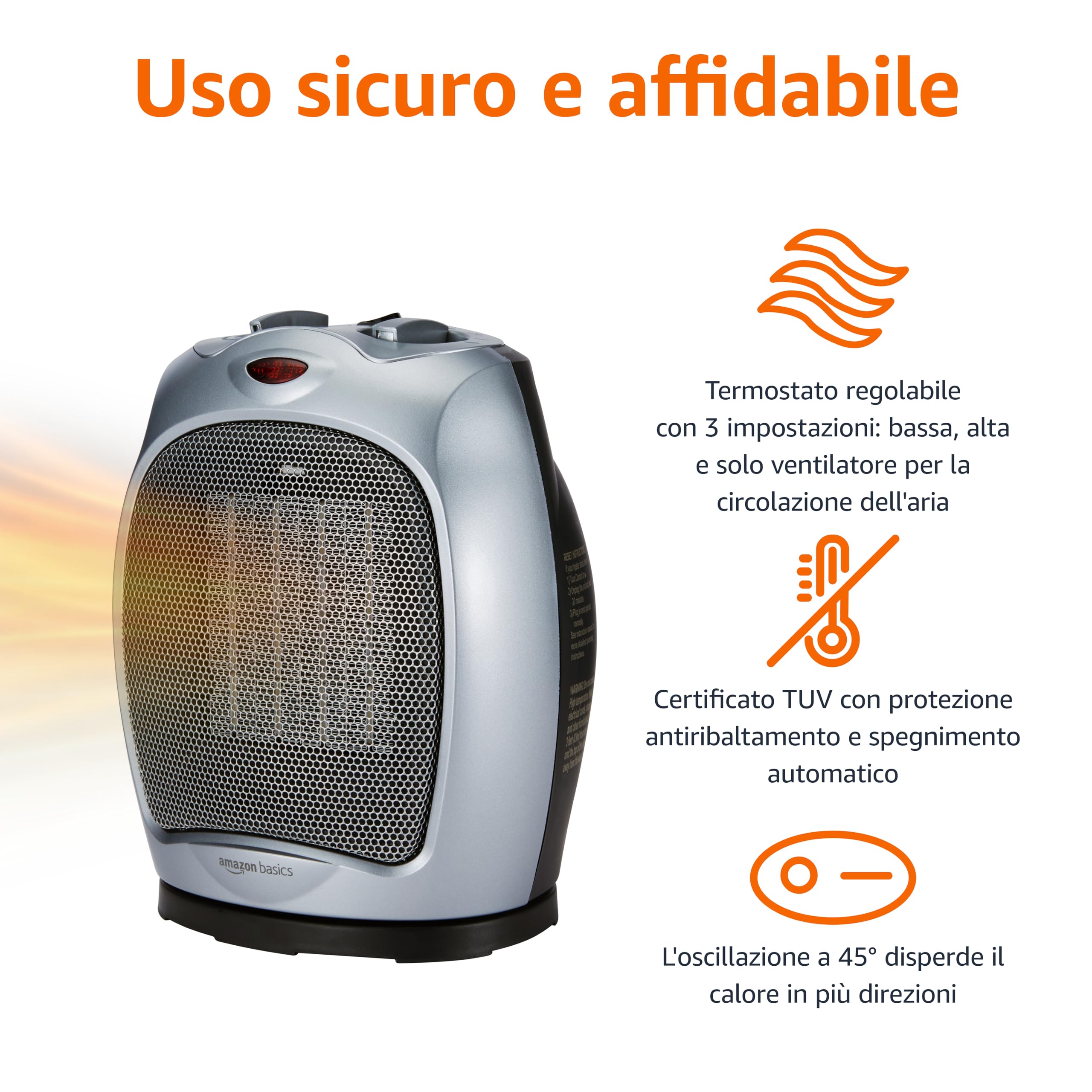 AmazonBasics Termoventilatore Ceramica Oscillante 1800W Argento