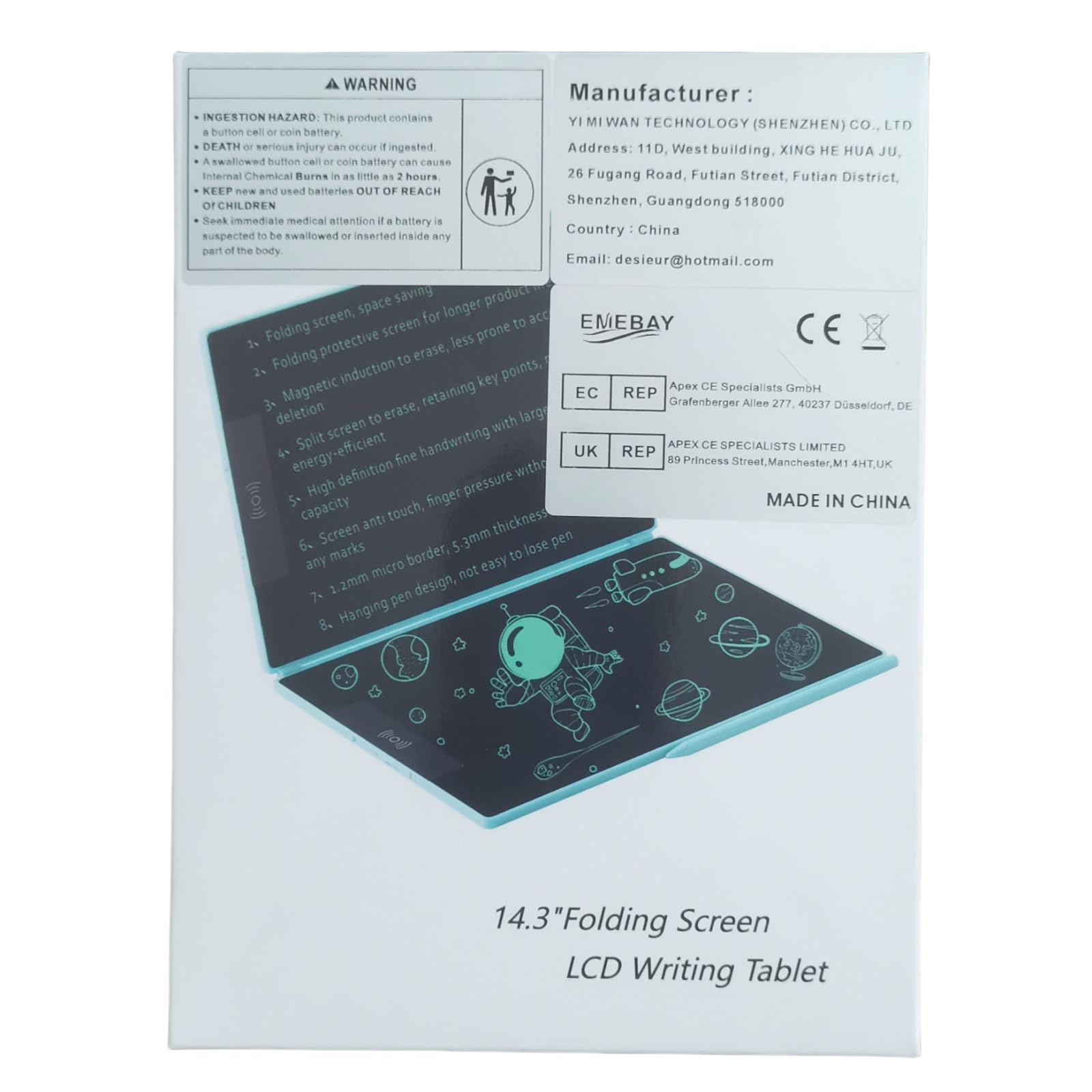 EMEBAY Tablet Scrittura LCD Pieghevole 14,4 Pollici