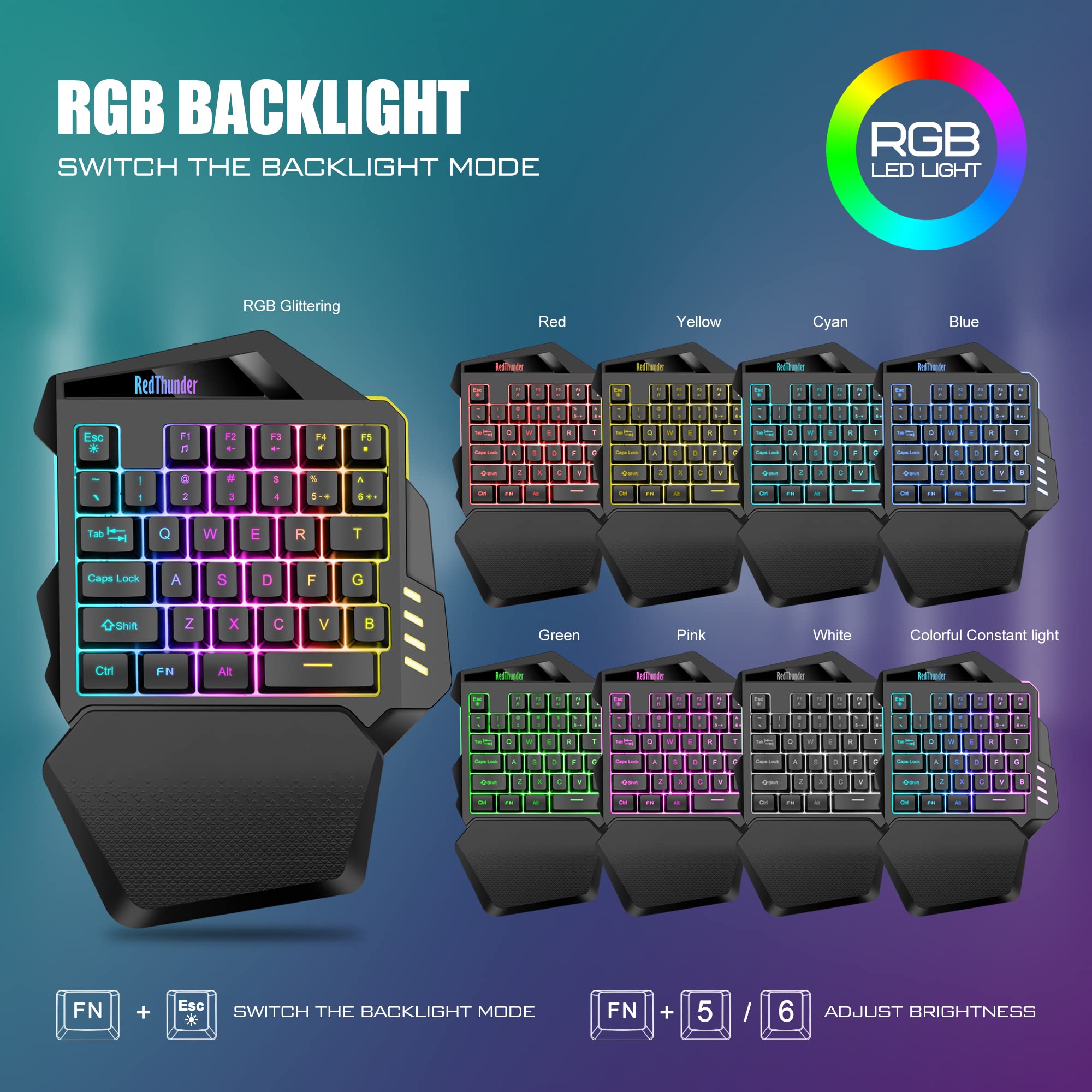 RedThunder G60 Tastiera Gaming a Una Mano Wireless Nera RGB