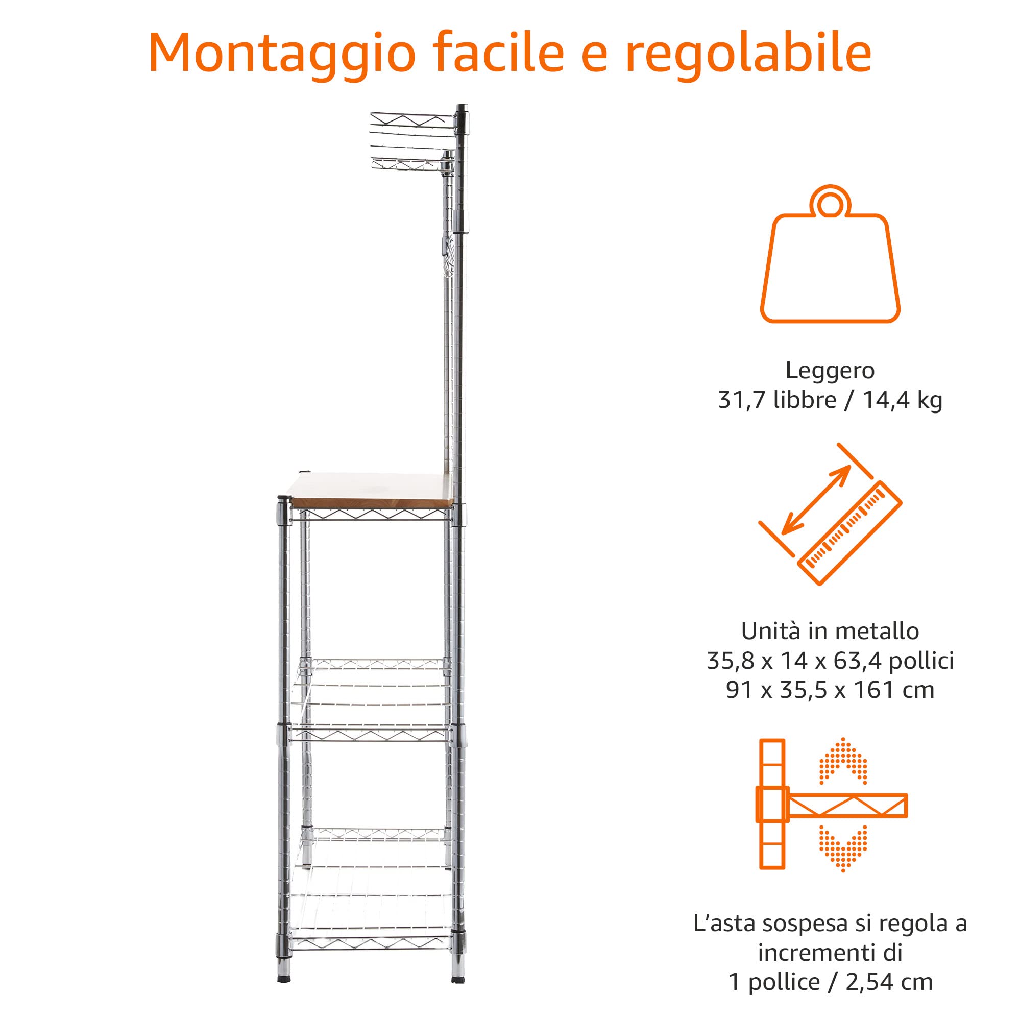 AmazonBasics Scaffale 3 Ripiani Legno Cromato 91x161 cm