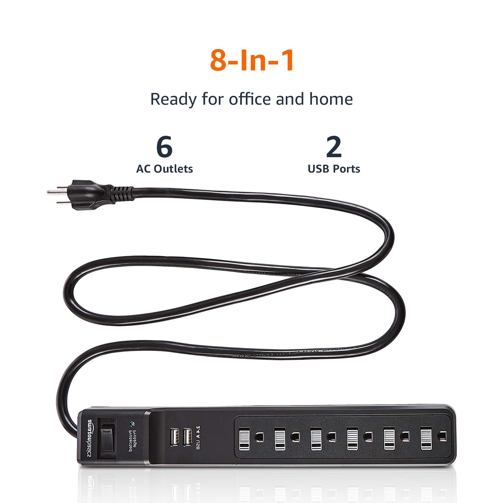 Amazon Basics Multipresa 6 Prese 2 USB 1000J Nera