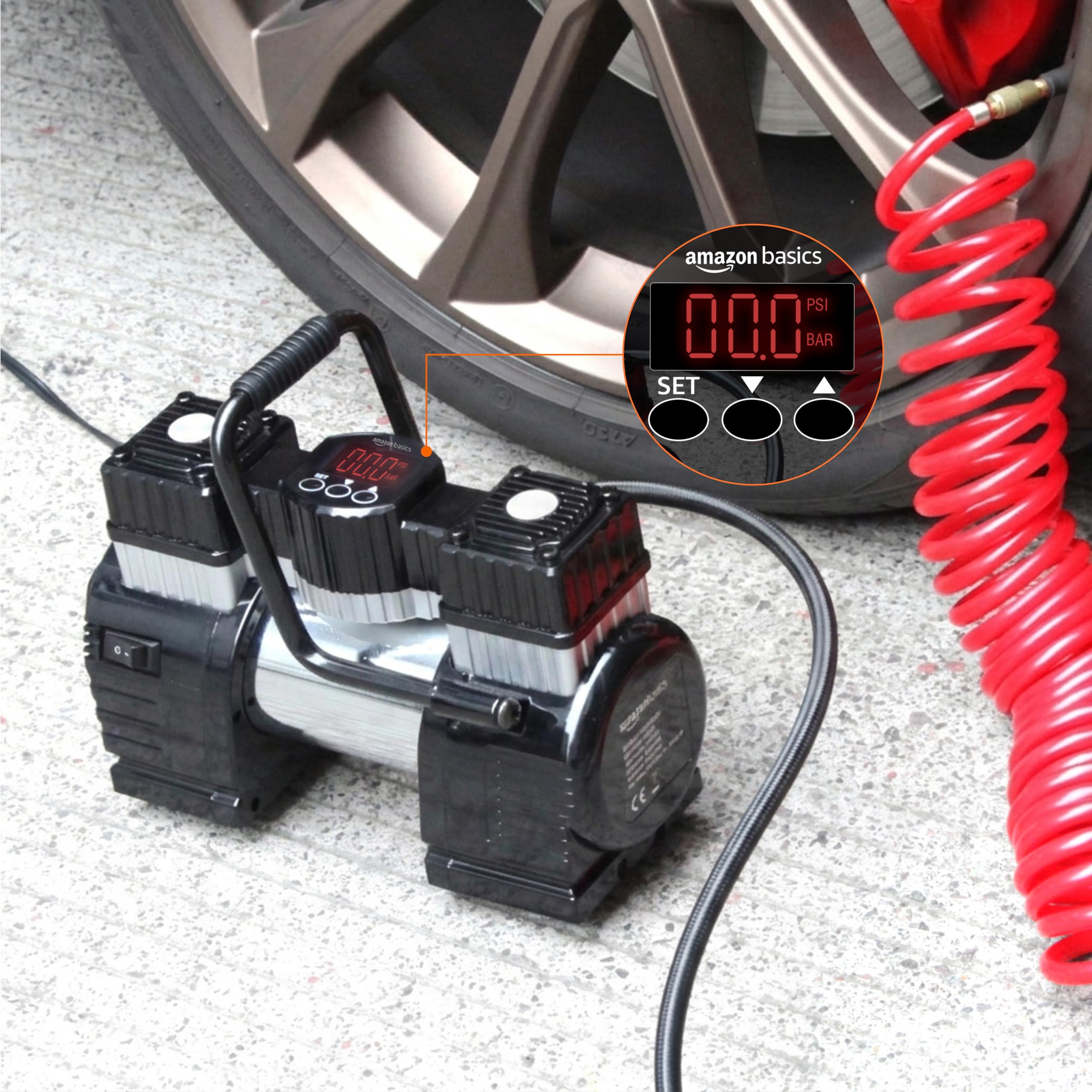 AmazonBasics Compressore Aria Portatile Digitale 12V Nero Rosso