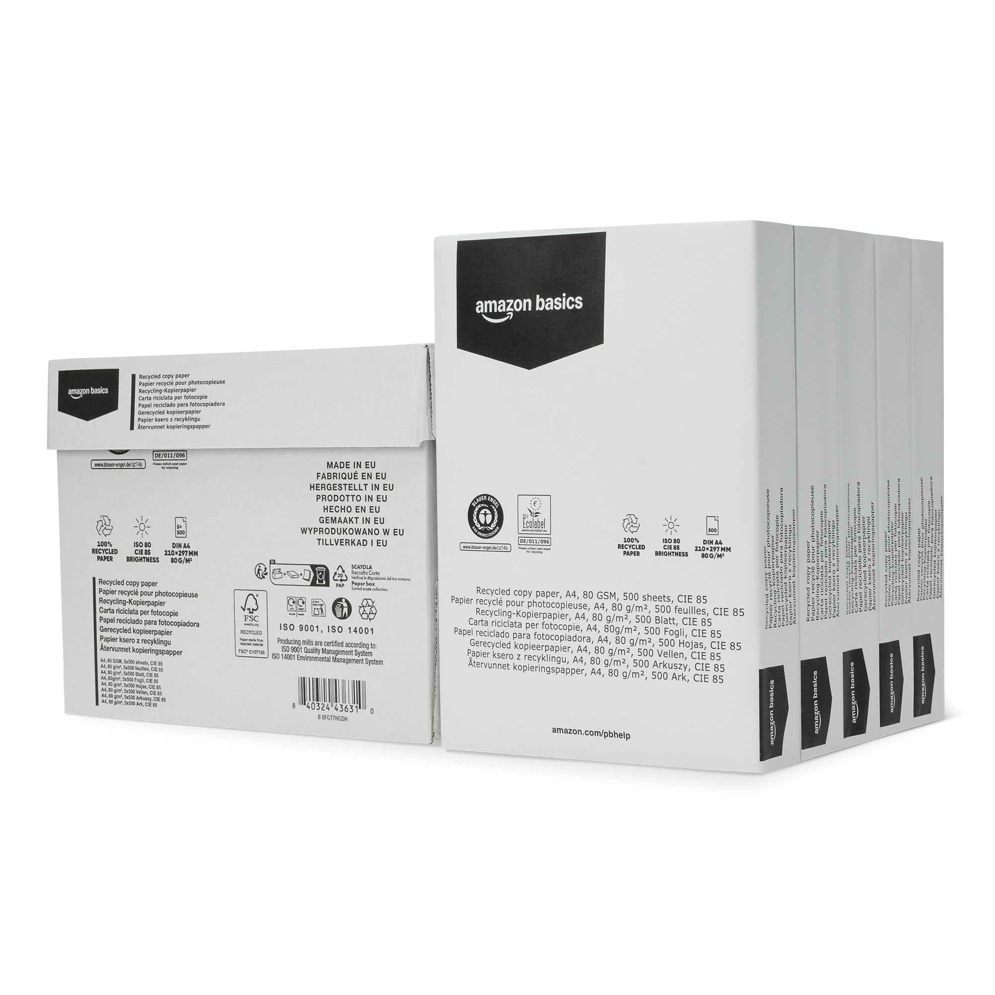 AmazonBasics Carta fotocopie A4 80gsm riciclata 2500 fogli