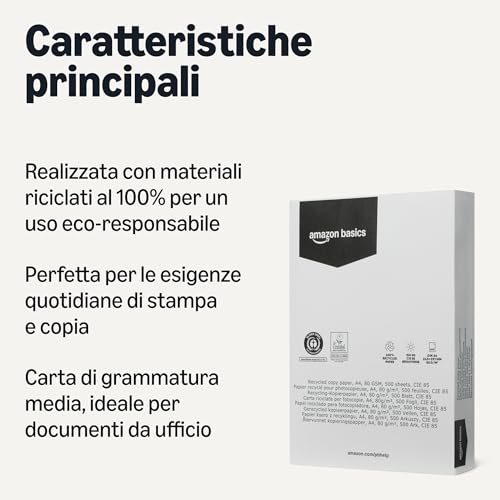 AmazonBasics Carta fotocopie A4 80gsm riciclata 2500 fogli