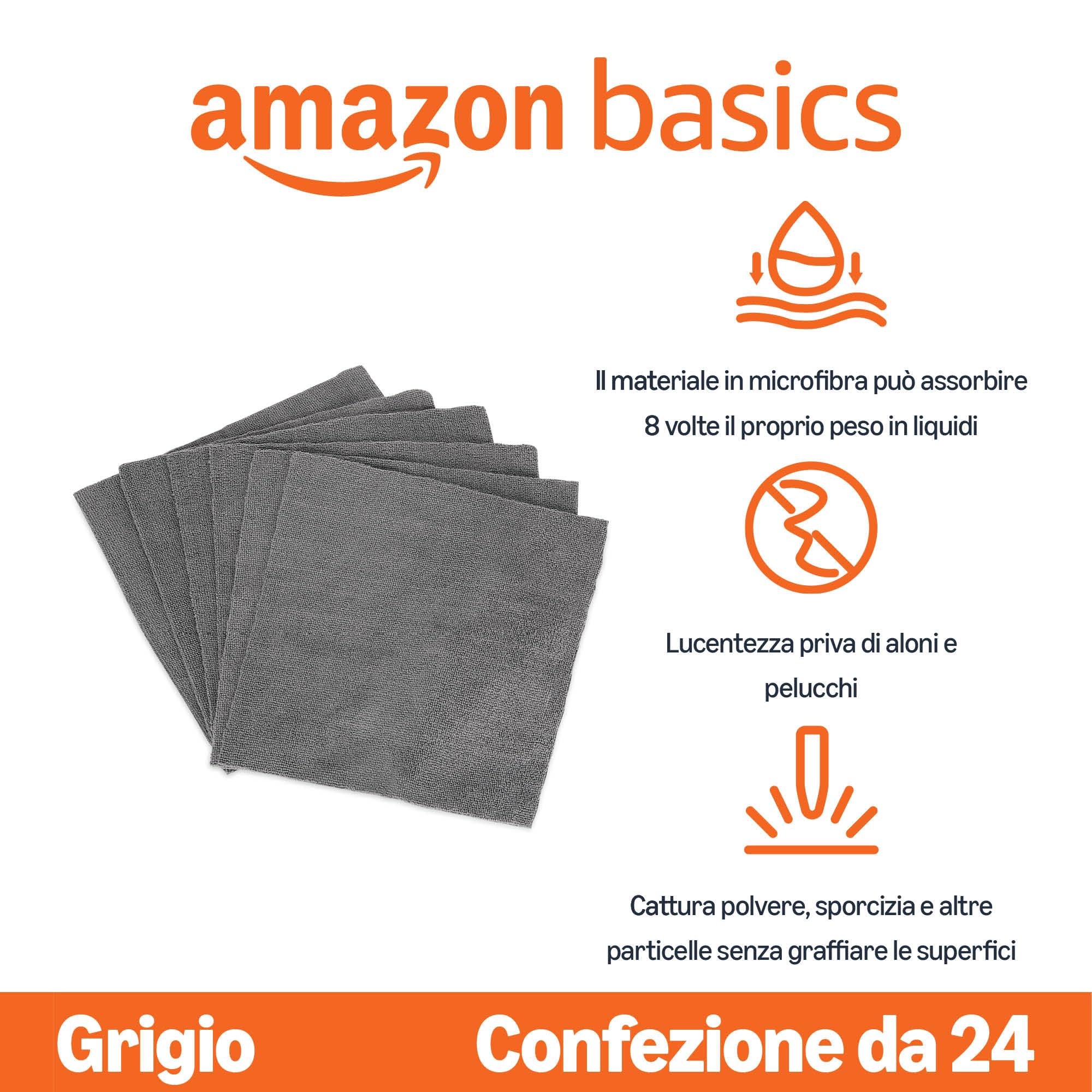 Amazon Basics Panni Microfibra Grigi 30x30 cm 24 Pezzi per Auto