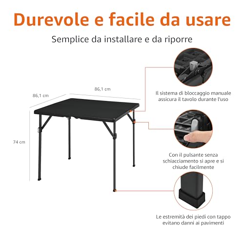Amazon Basics Tavolo Pieghevole Nero 86x86 con Maniglia