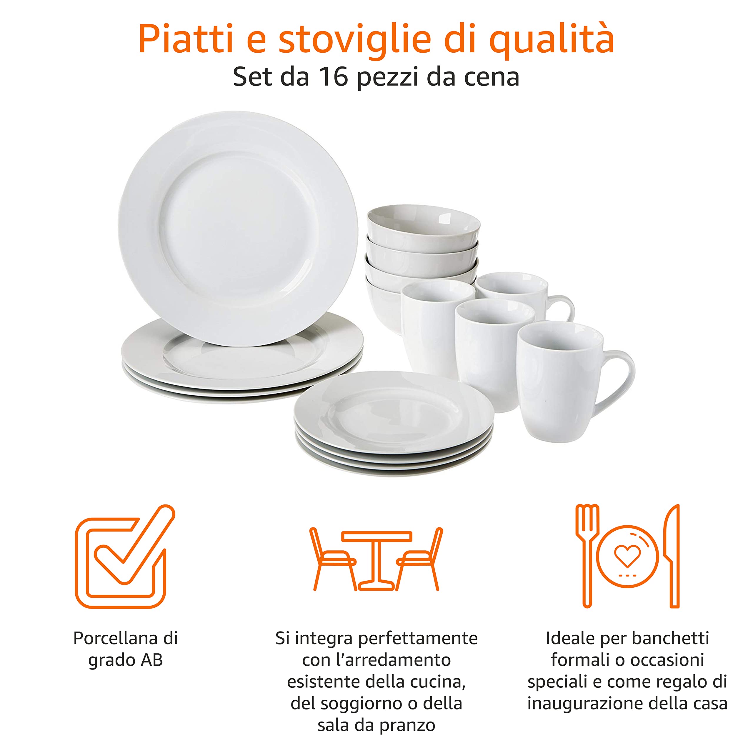 Amazon Basics Set Stoviglie 16 Pezzi Porcellana Bianco