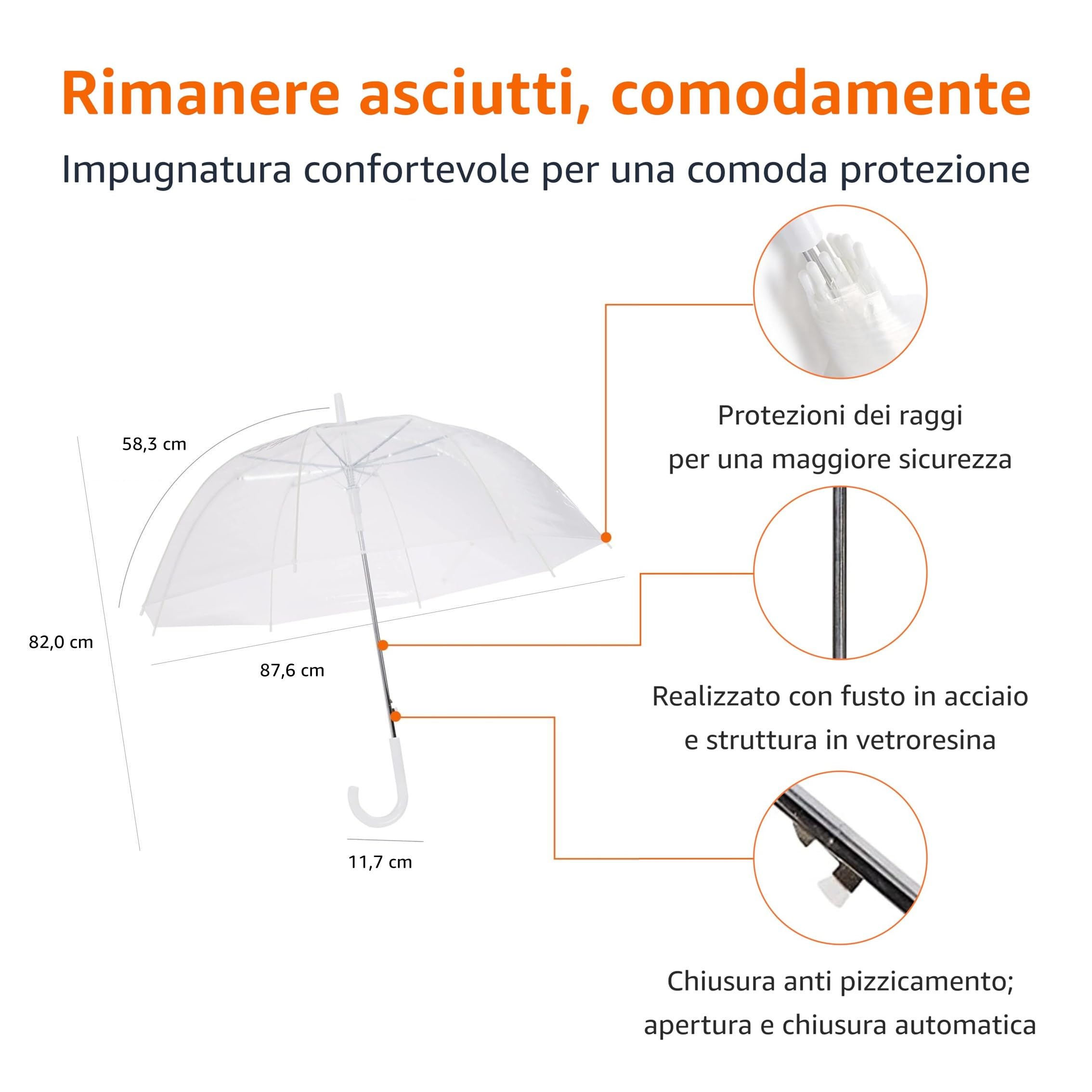 Amazon Basics Ombrello Cupola Trasparente 87,6 cm Automatico