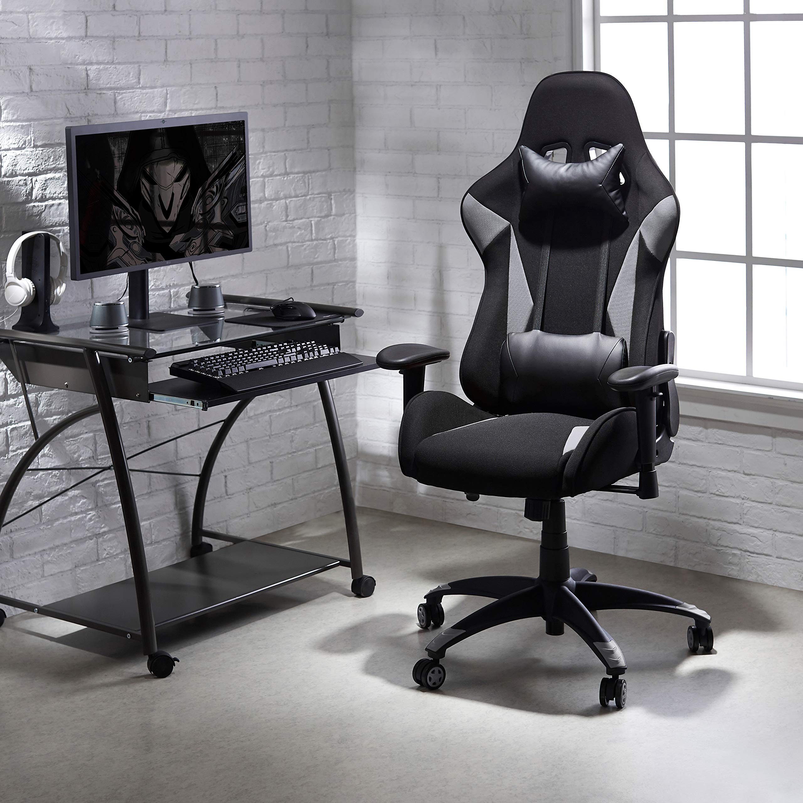 Amazon Basics Racing sedia gaming grigia in tessuto traspirante reclinabile