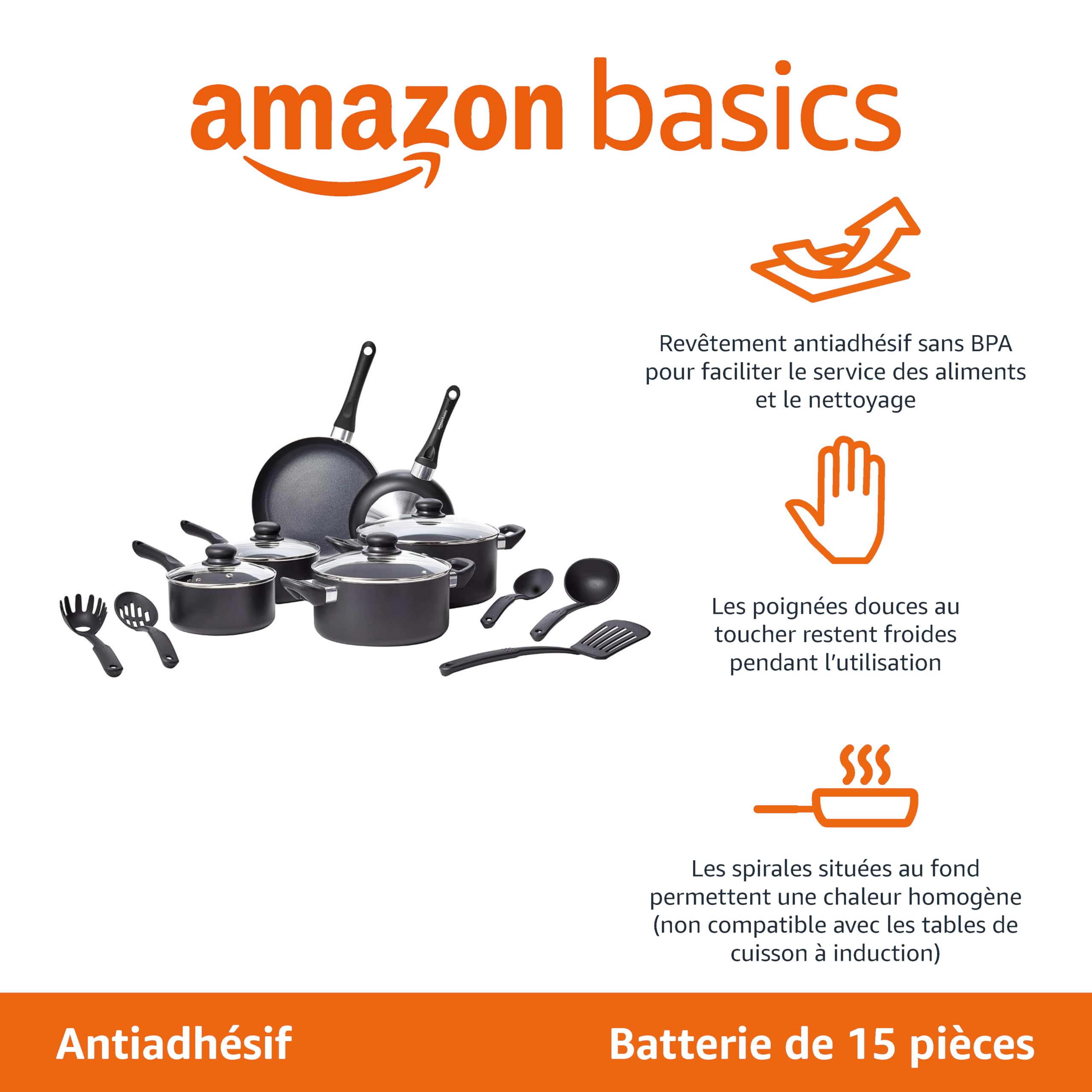 Amazon Basics Batteria Cucina 15 Pezzi Antiaderente Nero