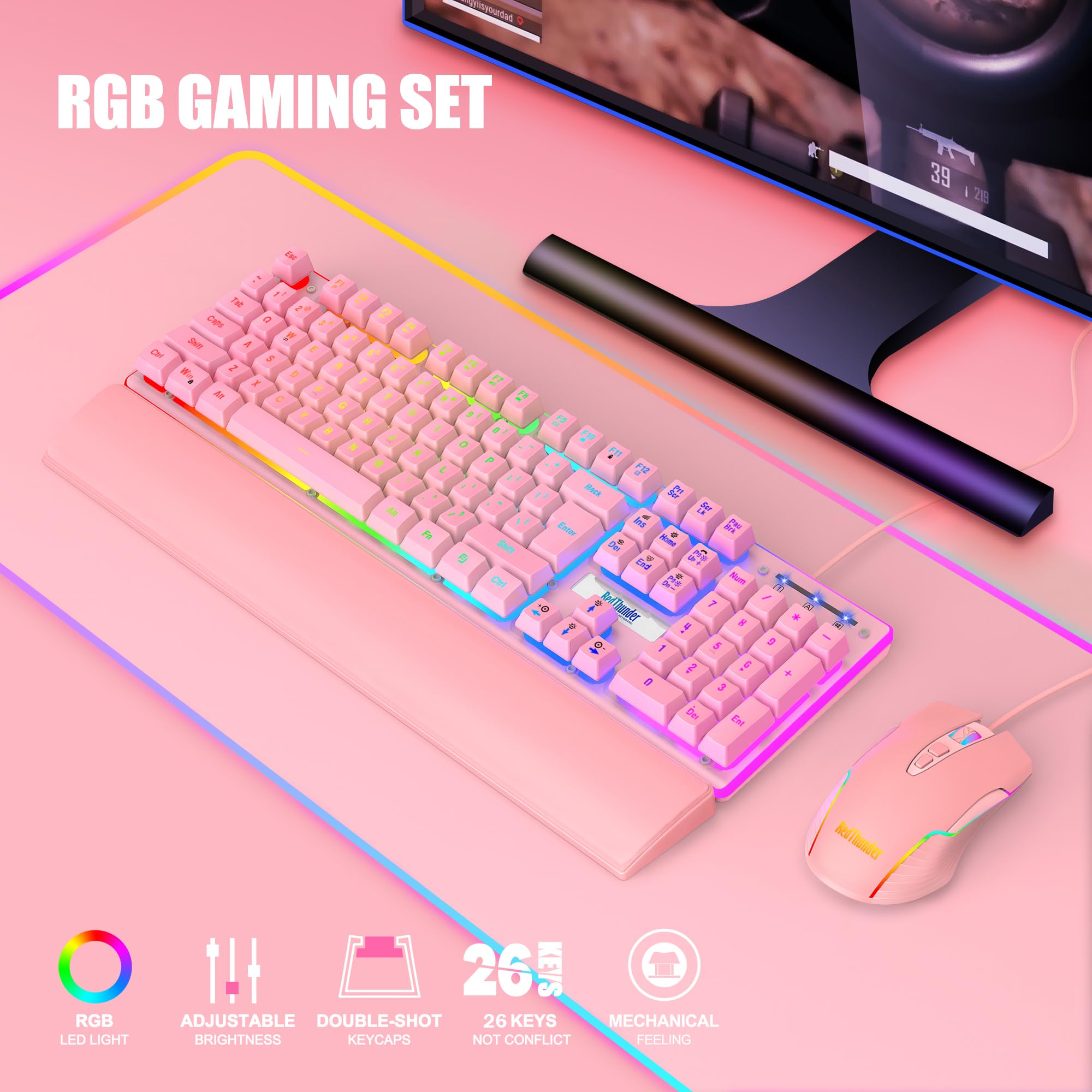 RedThunder K10 Combo Tastiera Mouse Gaming RGB Rosa