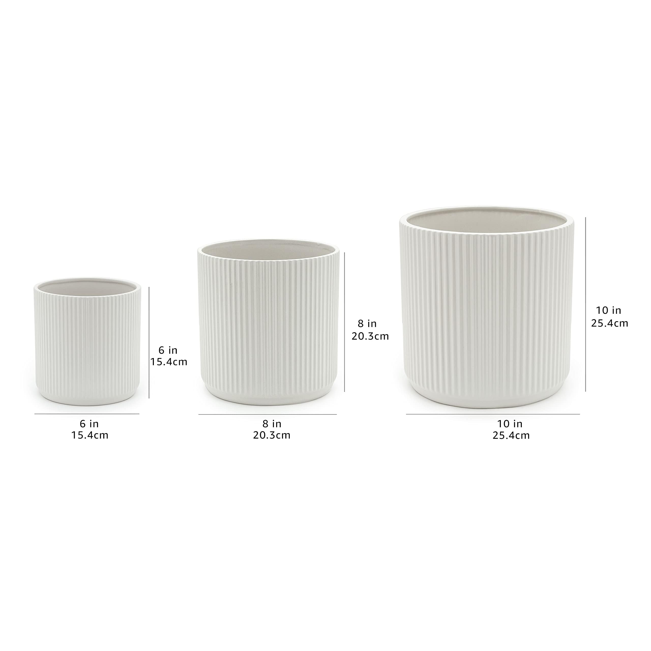 AmazonBasics Vasi Ceramica Scanalati Set 3 Bianco con Drenaggio