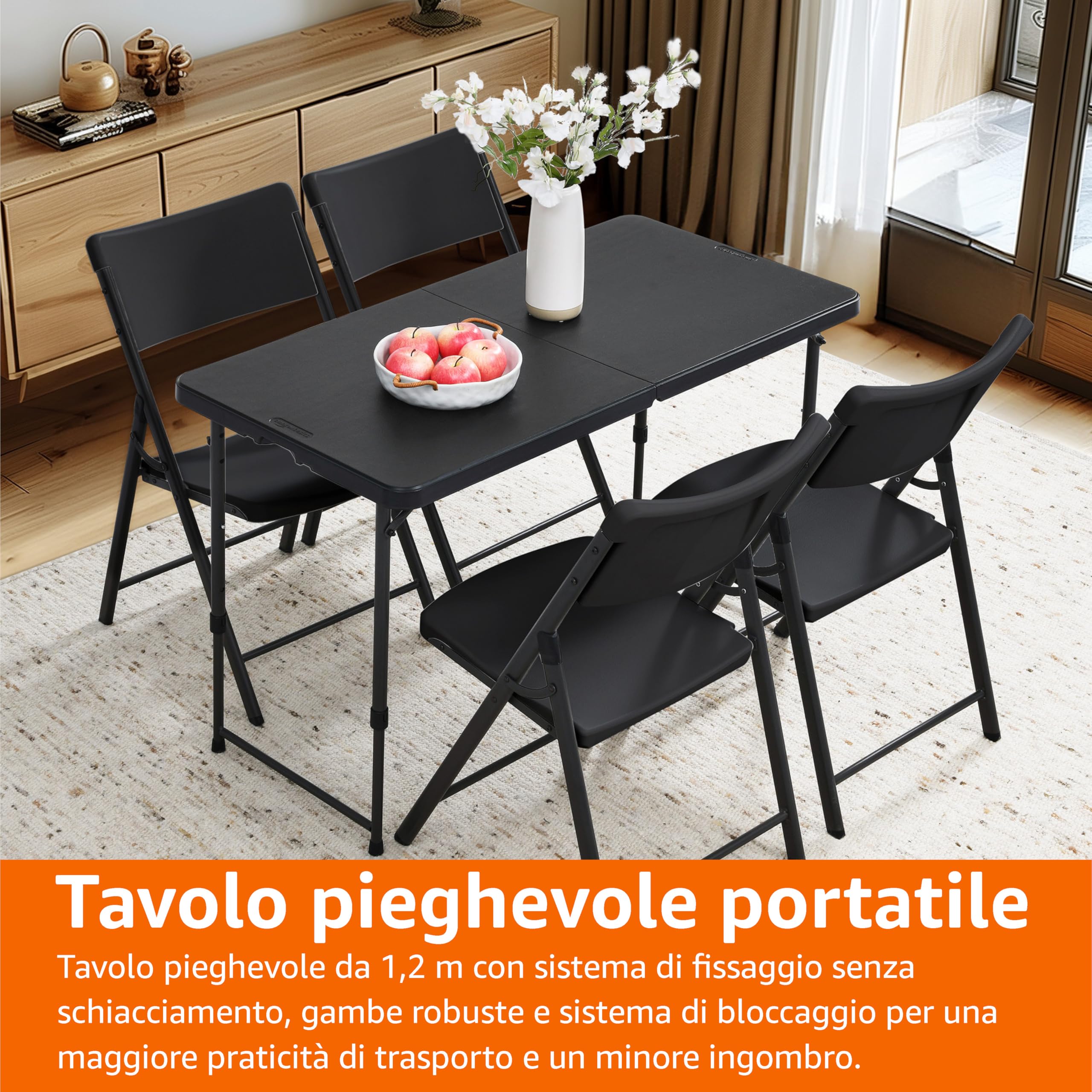 AmazonBasics Tavolo Pieghevole 121 cm Nero Altezza Regolabile