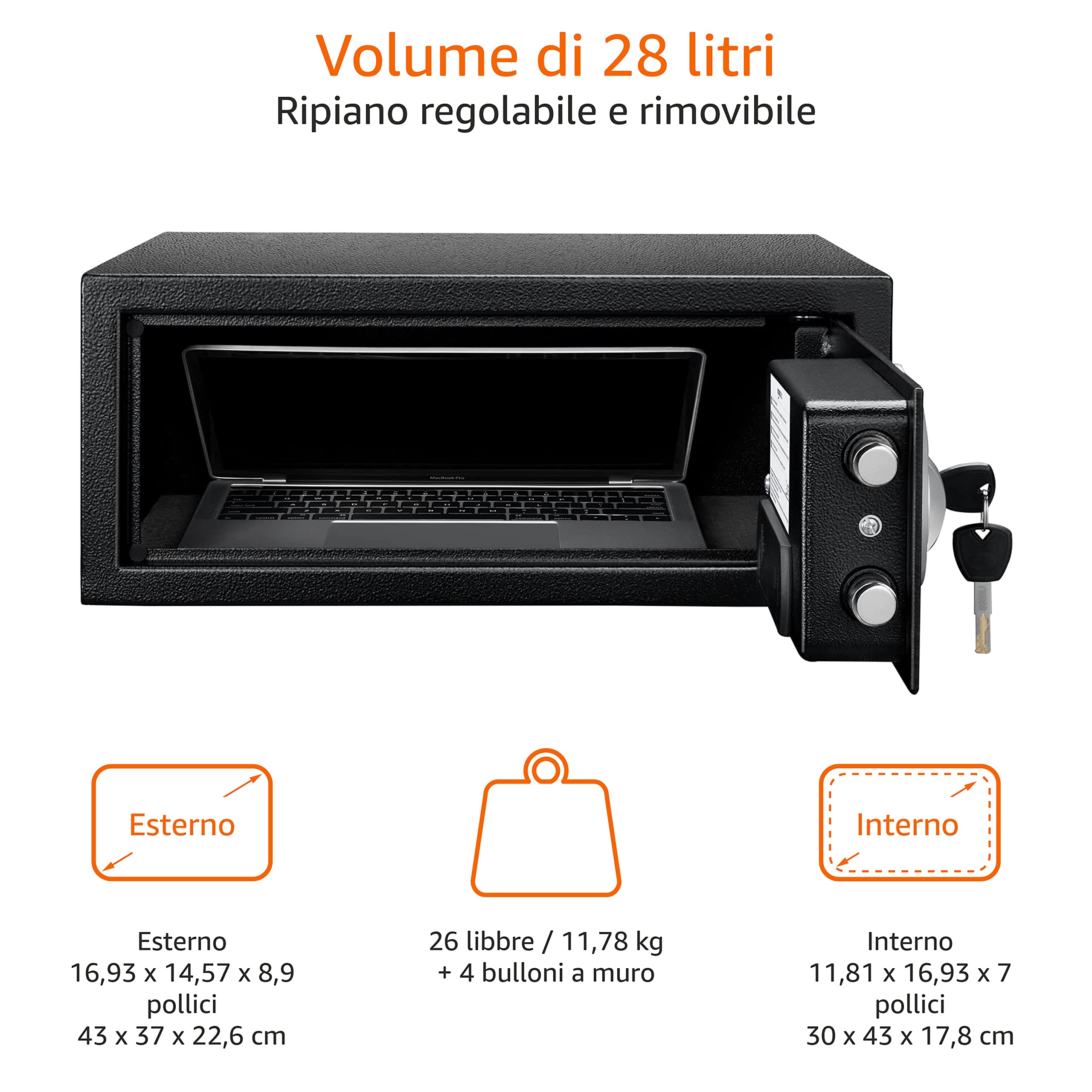 AmazonBasics Cassaforte Acciaio Digitale Nera 28 Litri 43 cm