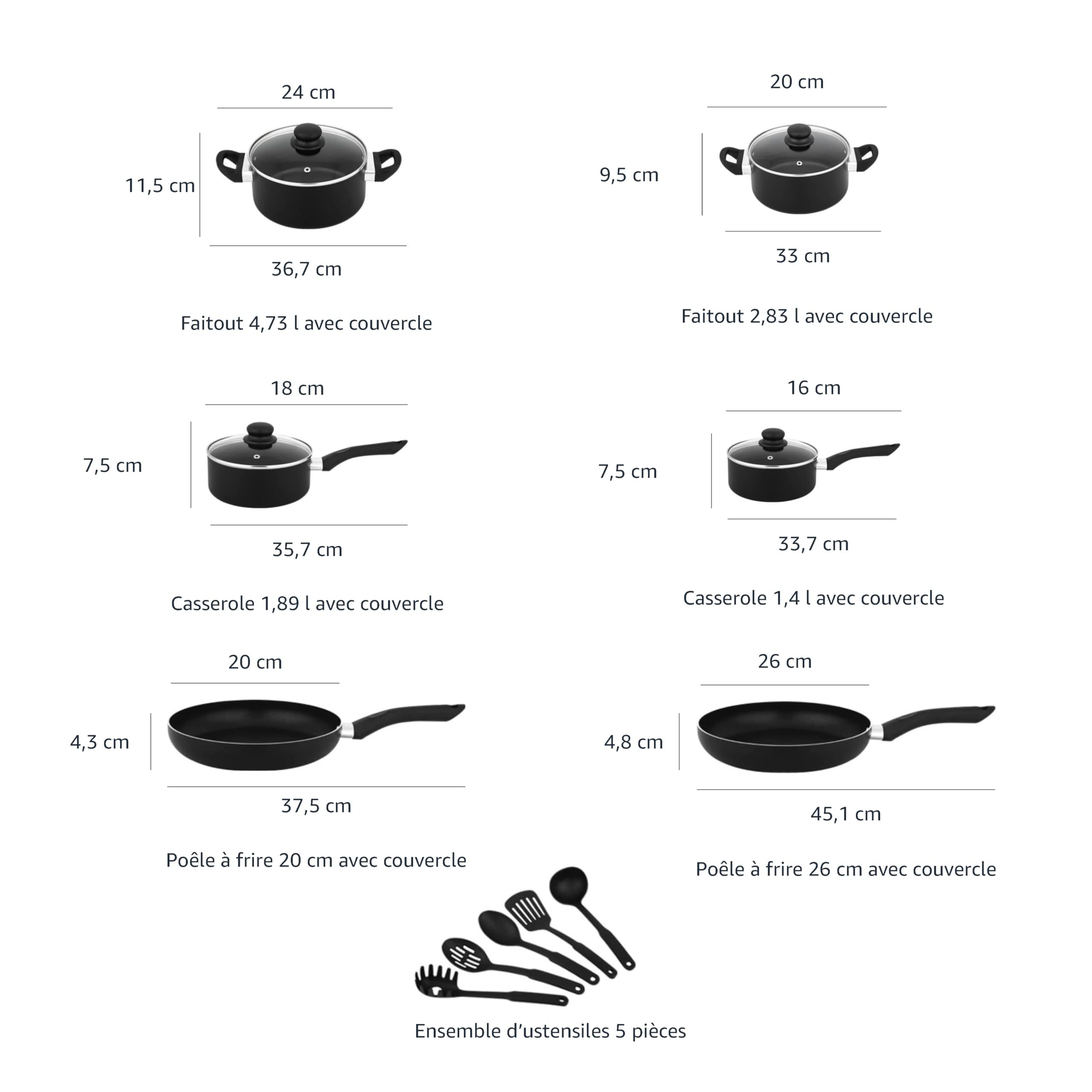 Amazon Basics Batteria Cucina 15 Pezzi Antiaderente Nero