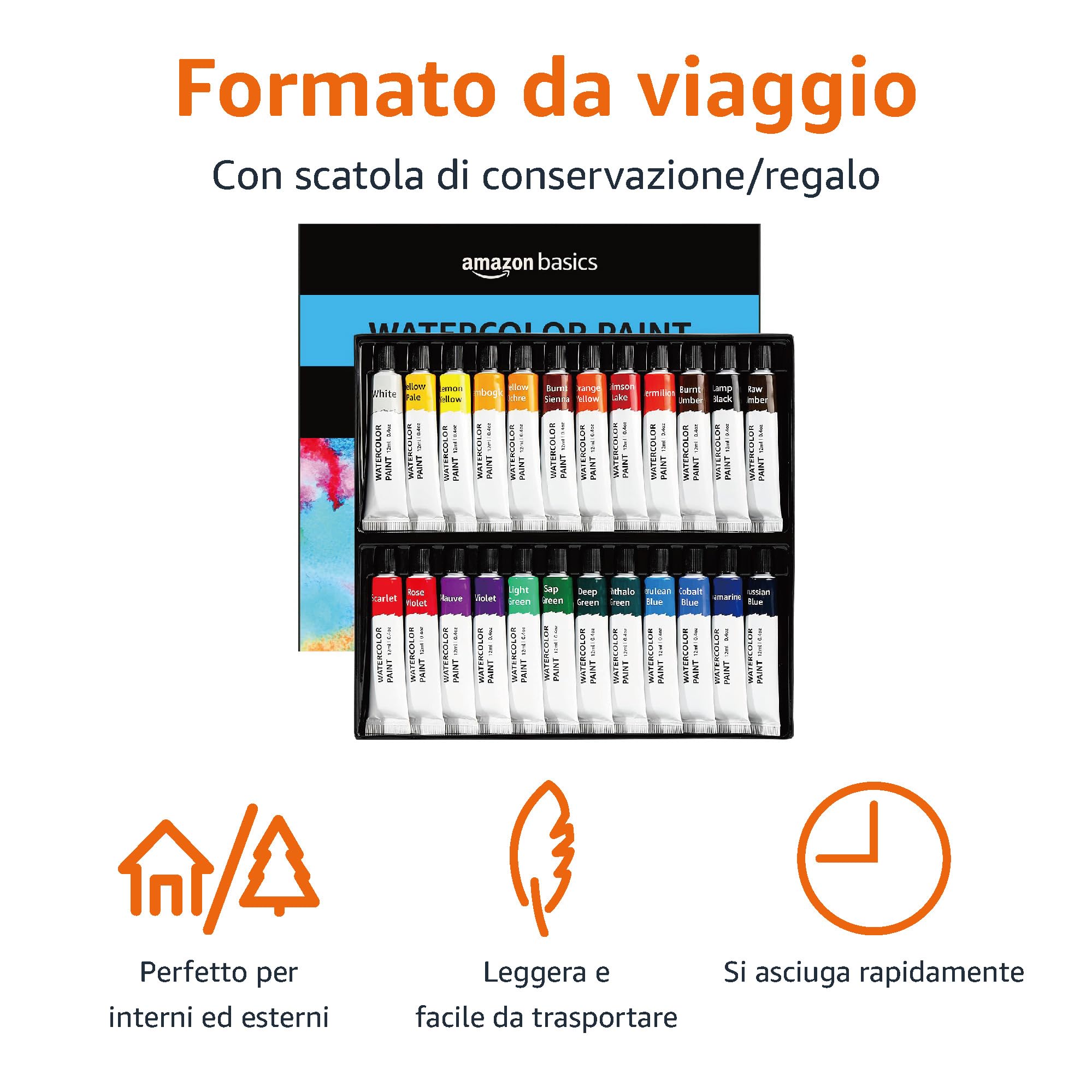 AmazonBasics Acquerelli 24 Tubetti 12 ml Colori Assortiti