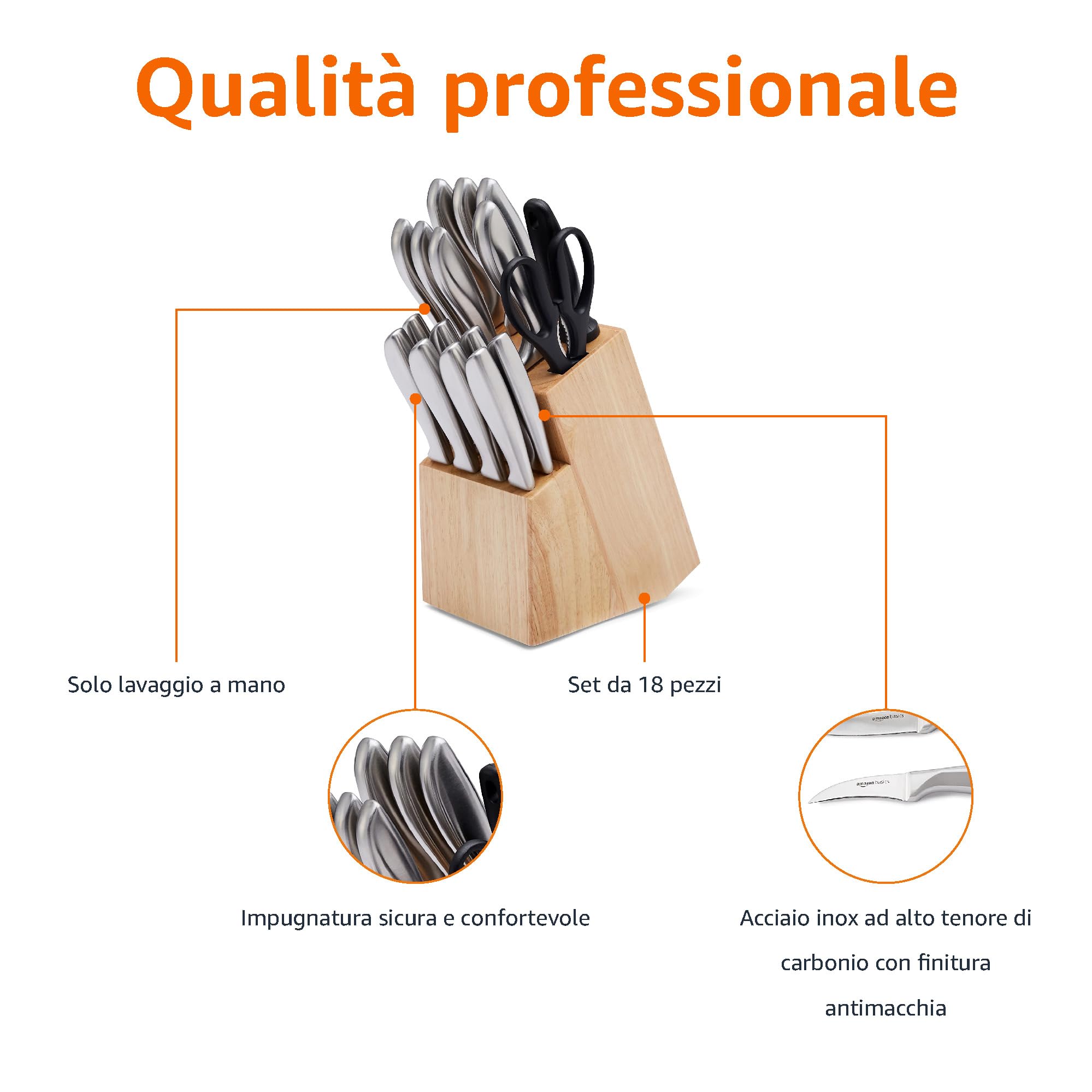 Amazon Basics set coltelli cucina 18 pezzi acciaio nero
