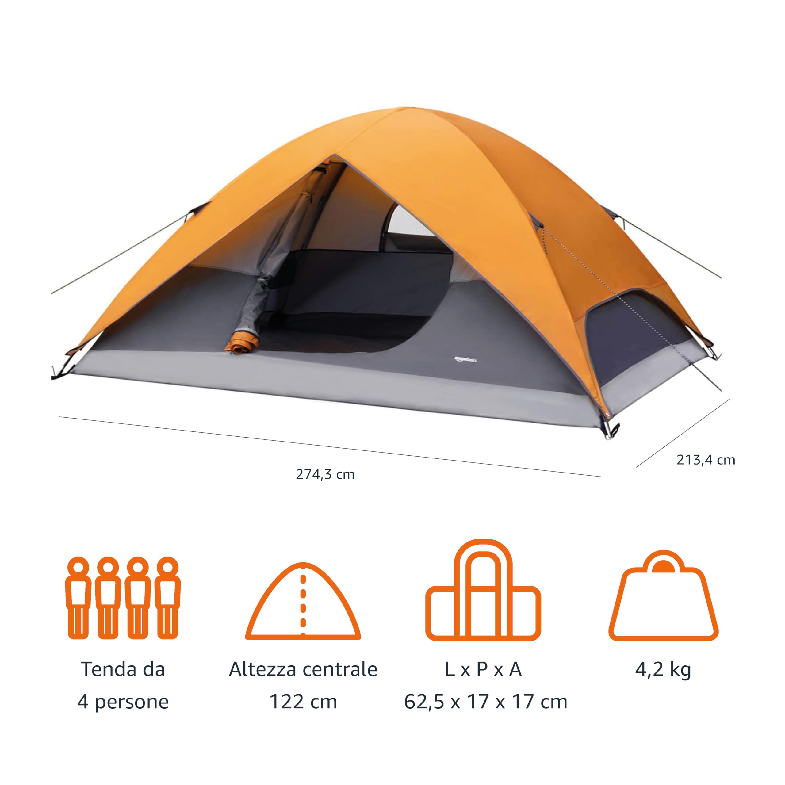 AmazonBasics Tenda Campeggio Cupola 4 Persone Impermeabile
