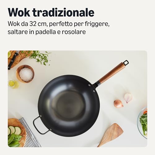 Amazon Basics Wok Acciaio al Carbonio 32 cm Manico Acacia