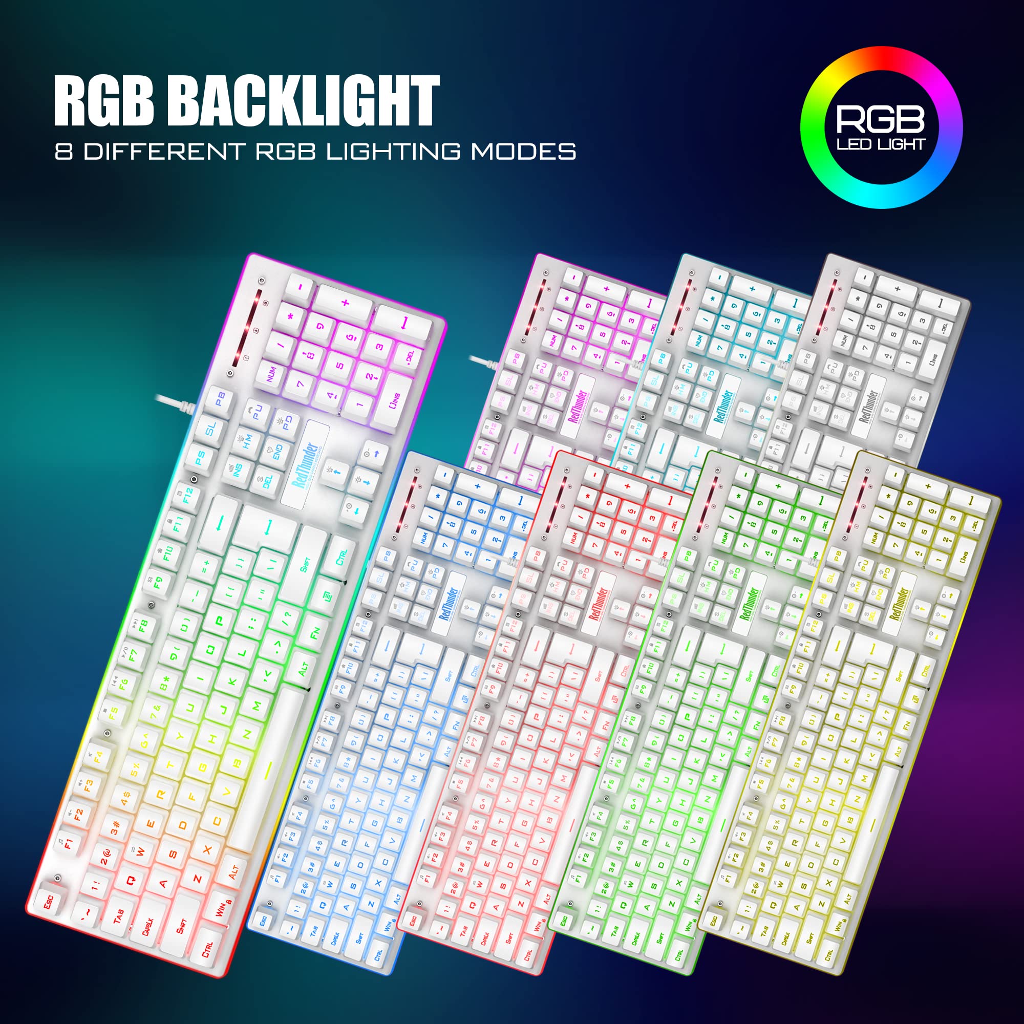RedThunder K10 Combo Tastiera e Mouse Cablati Bianchi RGB