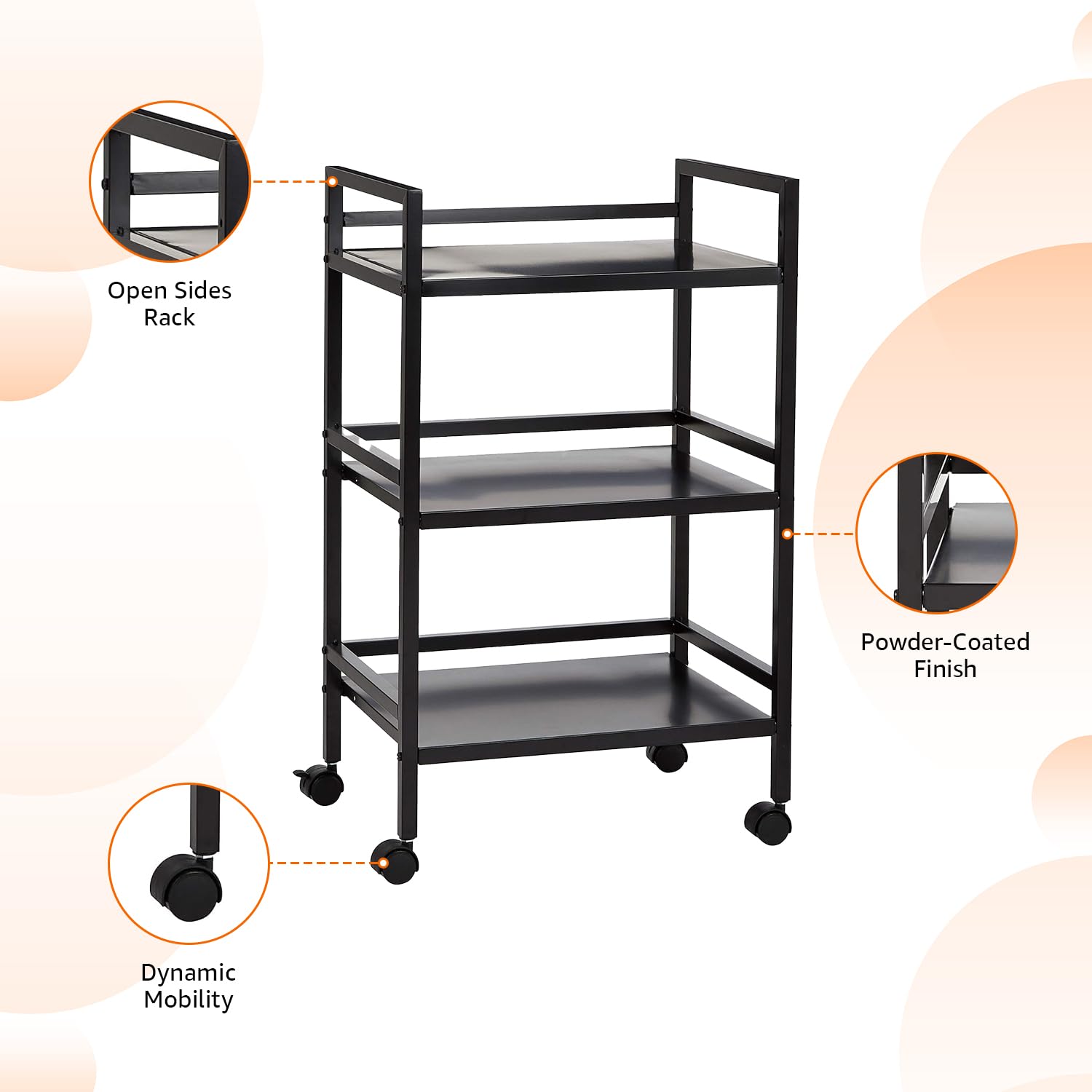AmazonBasics Carrello 3 Ripiani Portaoggetti Metallo Nero Ruote