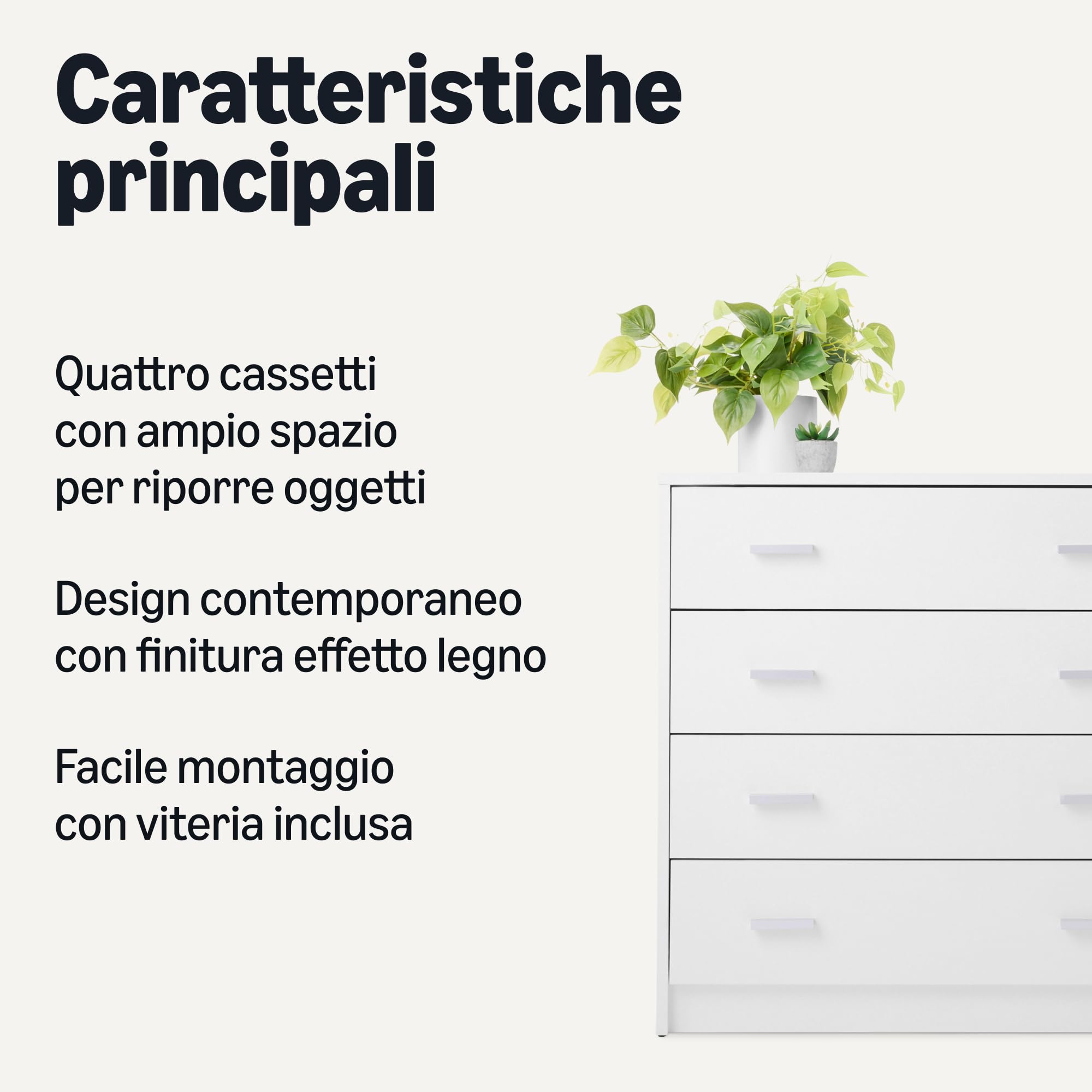 Amazon Basics Cassettiera 4 Cassetti Bianco 75x40x74 cm