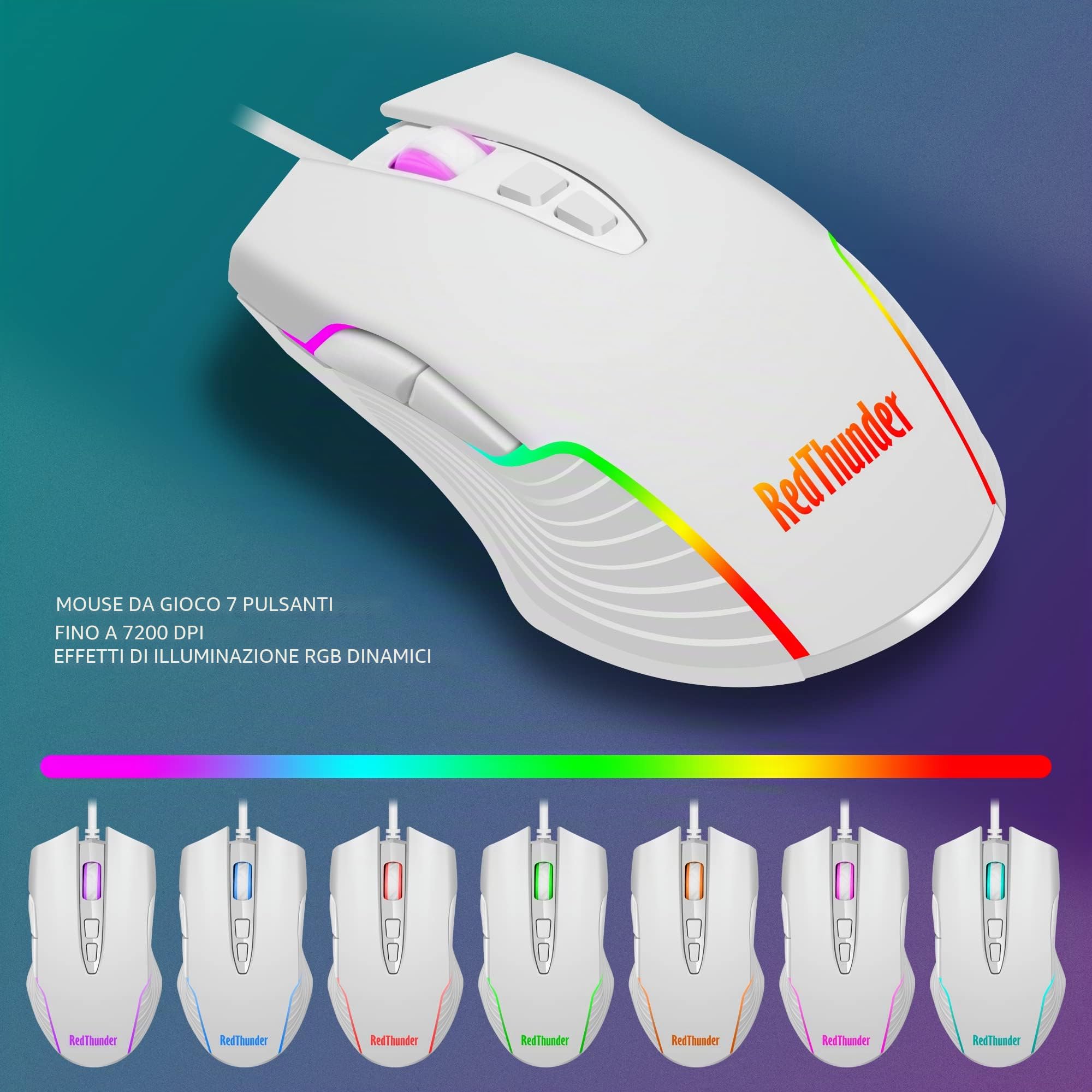 RedThunder K10 Combo Tastiera e Mouse Cablati Bianchi RGB