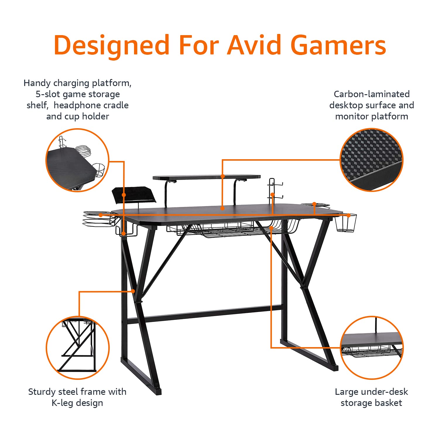AmazonBasics Scrivania Gaming con Scomparti Nera 130 cm