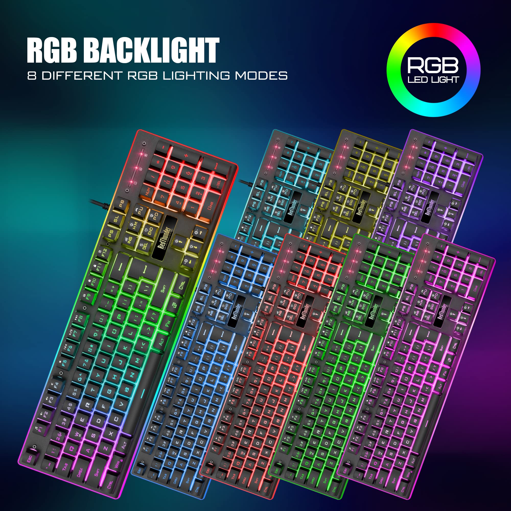 RedThunder K10 Combo Tastiera e Mouse Cablati RGB con Poggiapolsi