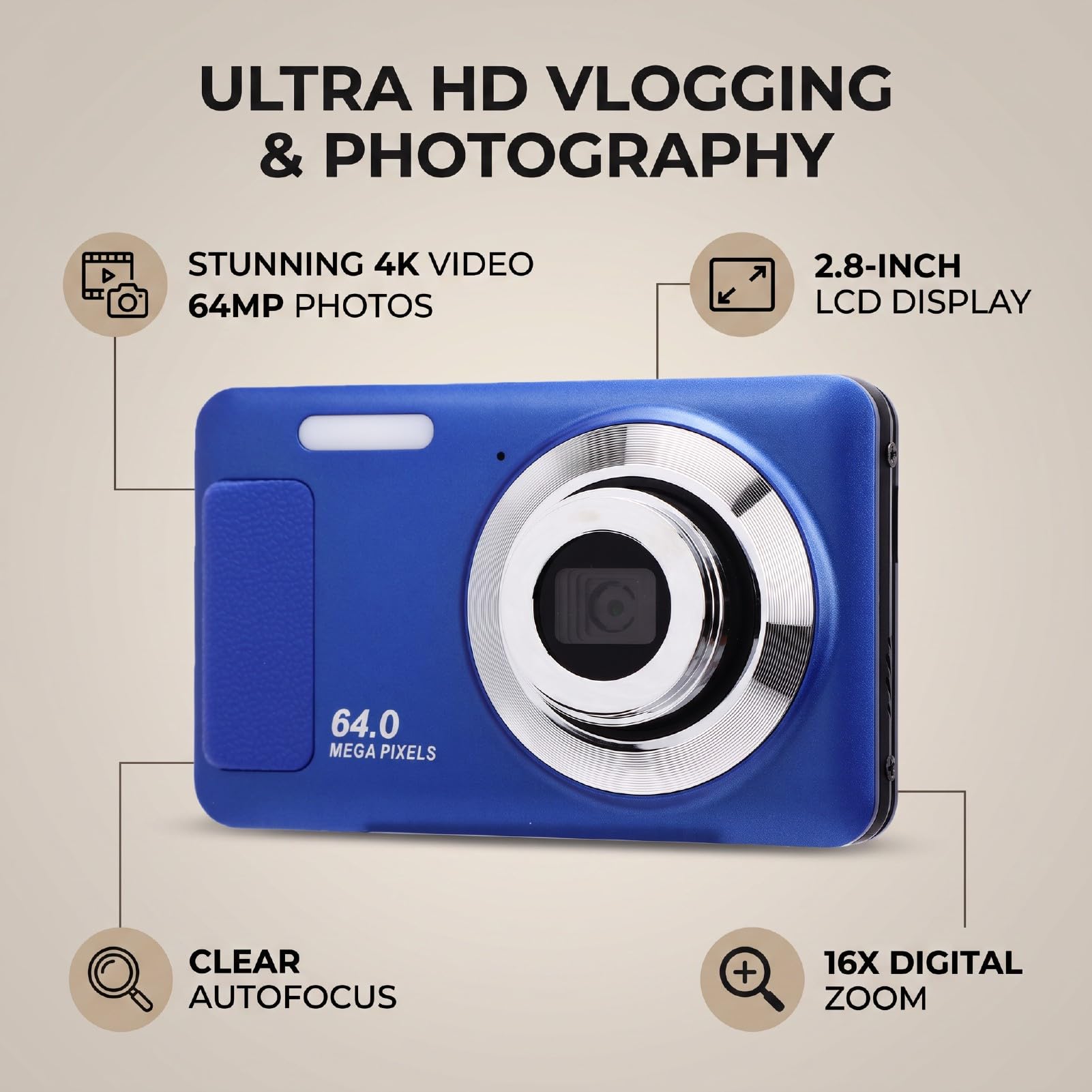 Elprico Fotocamera Digitale 4K 64MP Blu Zoom 16x