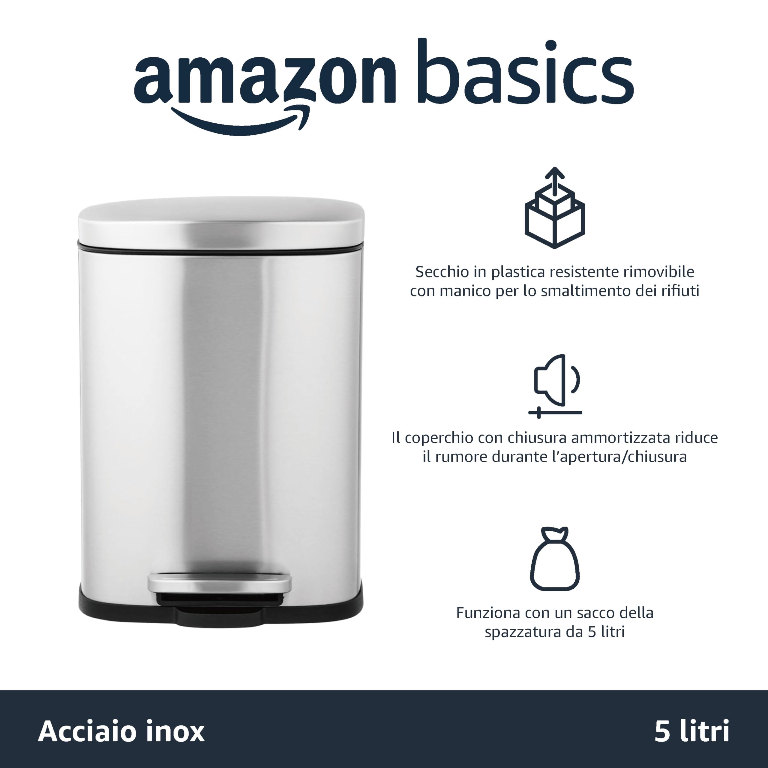 AmazonBasics pattumiera rettangolare acciaio inox 5L pedale satinato