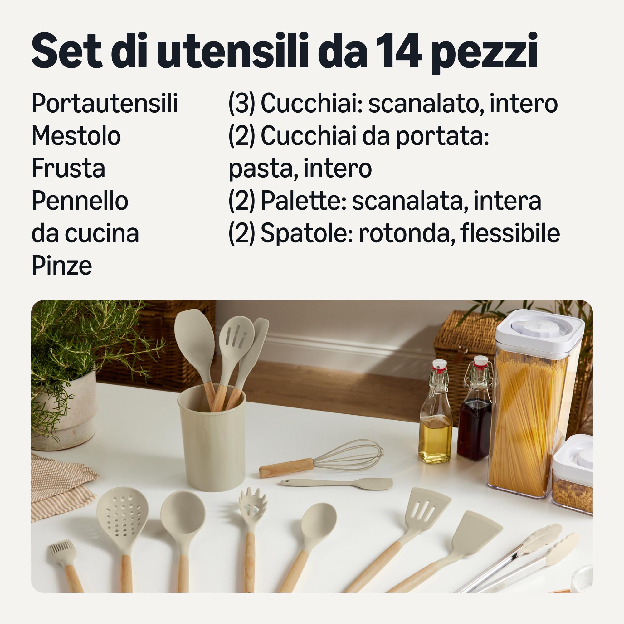 Amazon Basics utensili cucina silicone 14 pezzi grigio lino legno