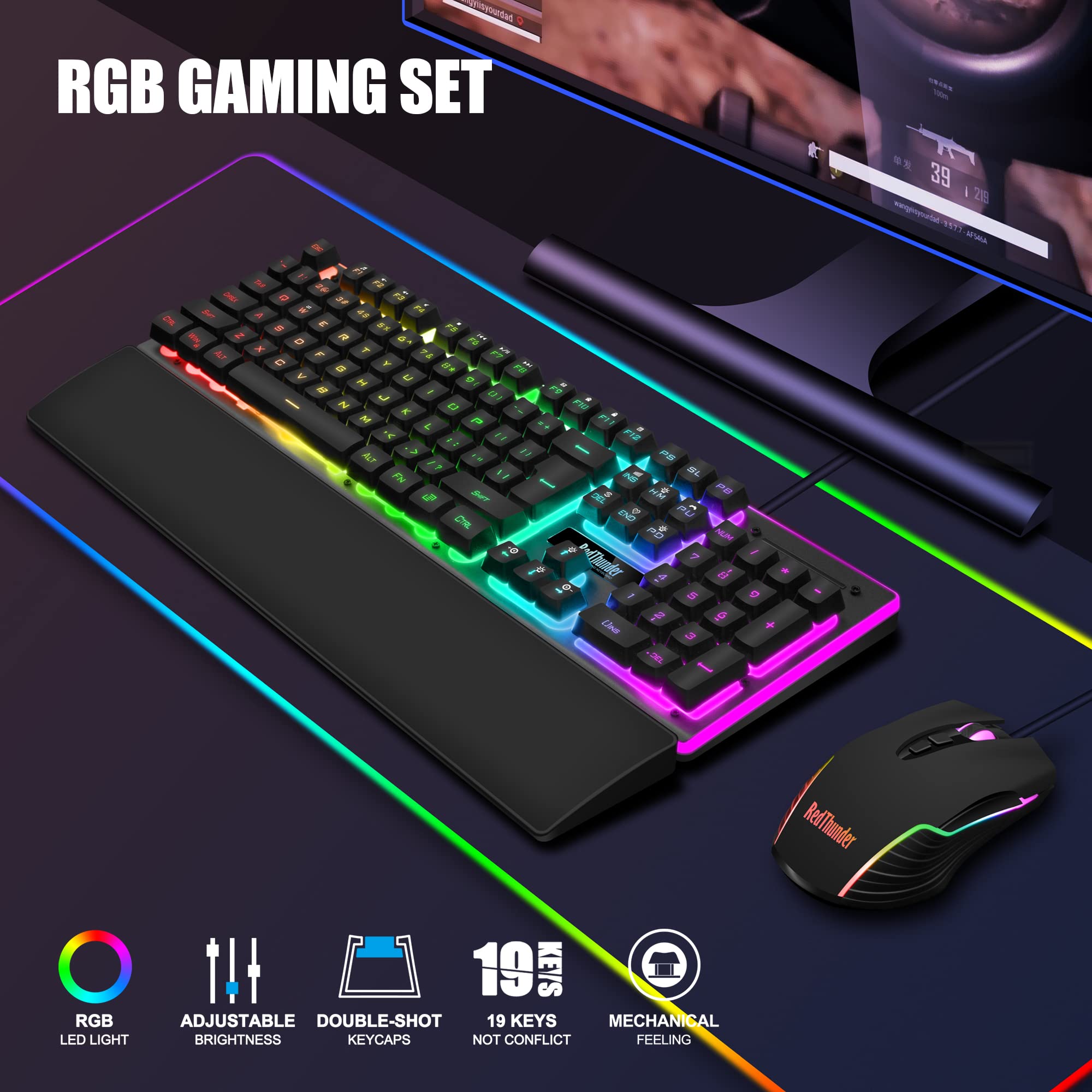 RedThunder K10 Combo Tastiera e Mouse Cablati RGB con Poggiapolsi