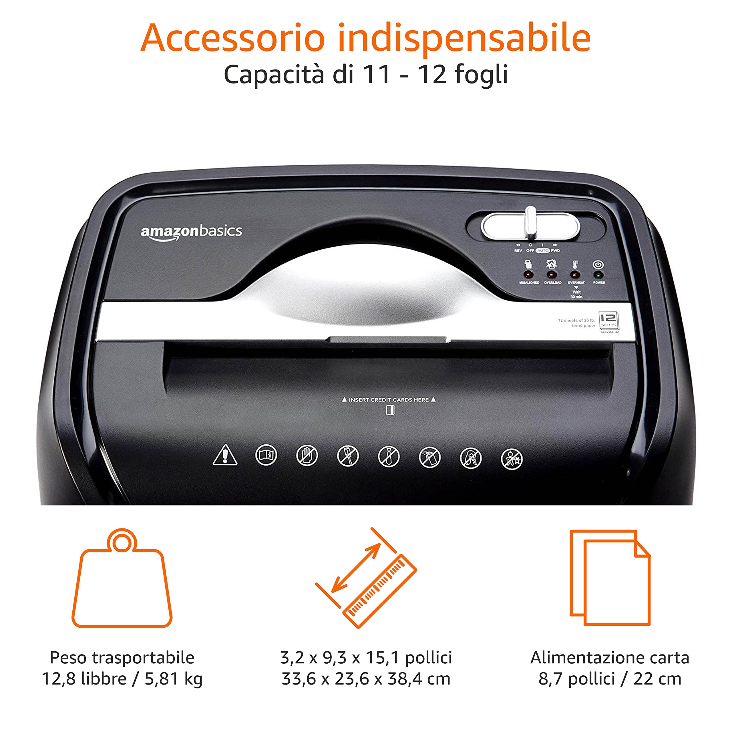 Amazon Basics Distruggidocumenti 12 Fogli Taglio a Croce Nero 18L