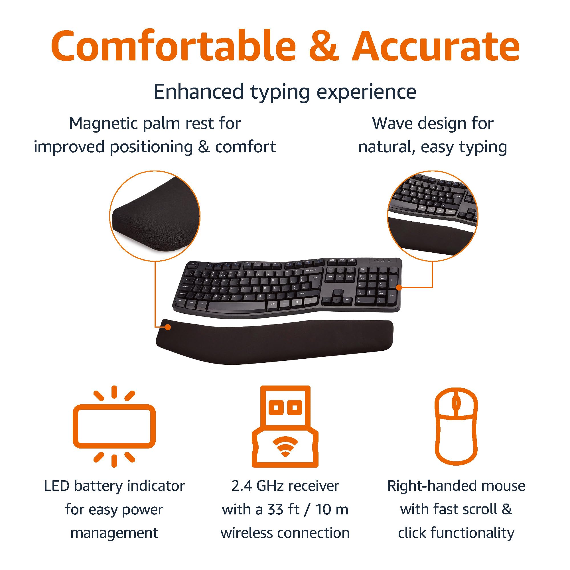 AmazonBasics Combo Tastiera Ergonomica Wireless Mouse Nero UK