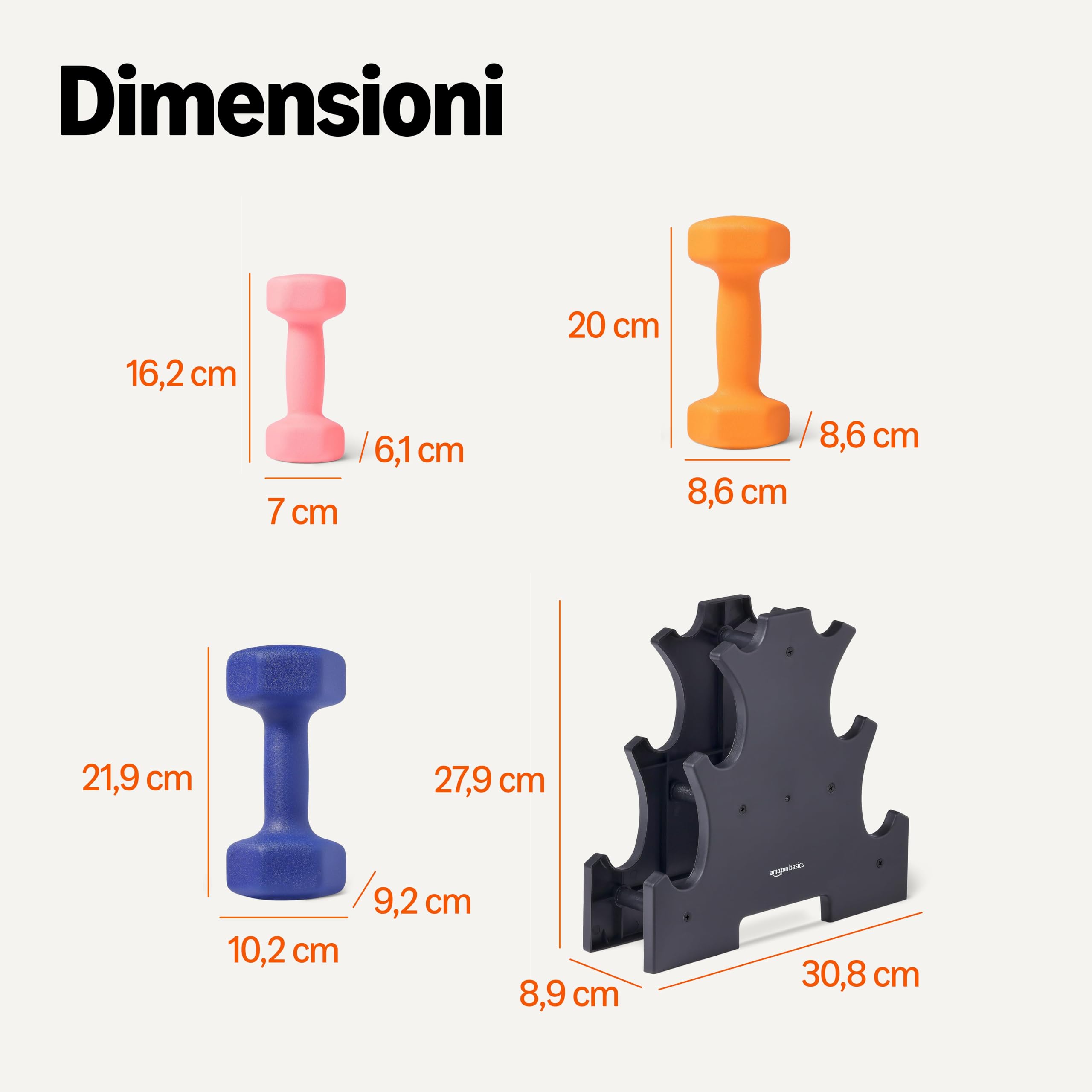 AmazonBasics manubri neoprene 1,5-3-5 kg rastrelliera 6 pezzi