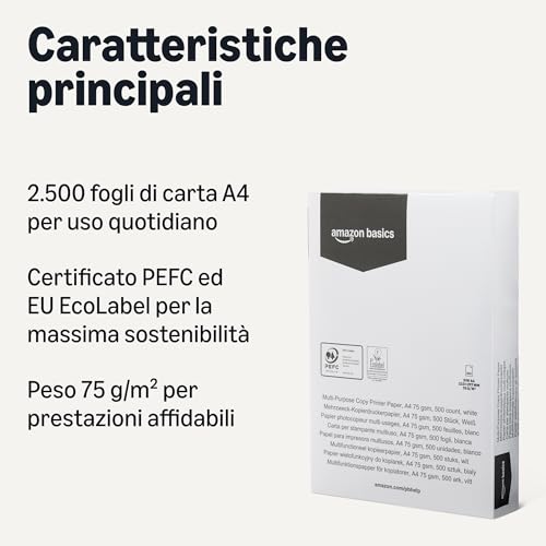 Amazon Basics carta A4 75 g/mq bianca 2500 fogli 5 risme