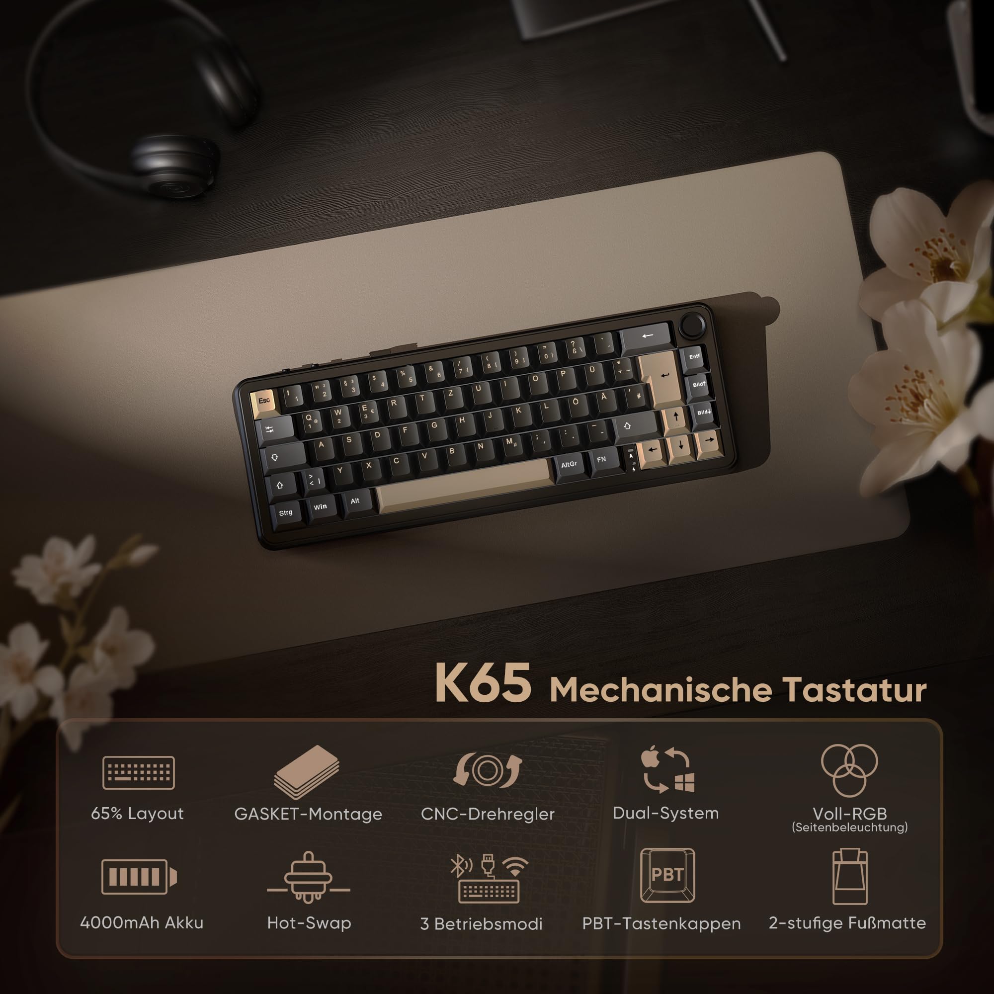 RedThunder K65 tastiera meccanica gaming wireless DE RGB