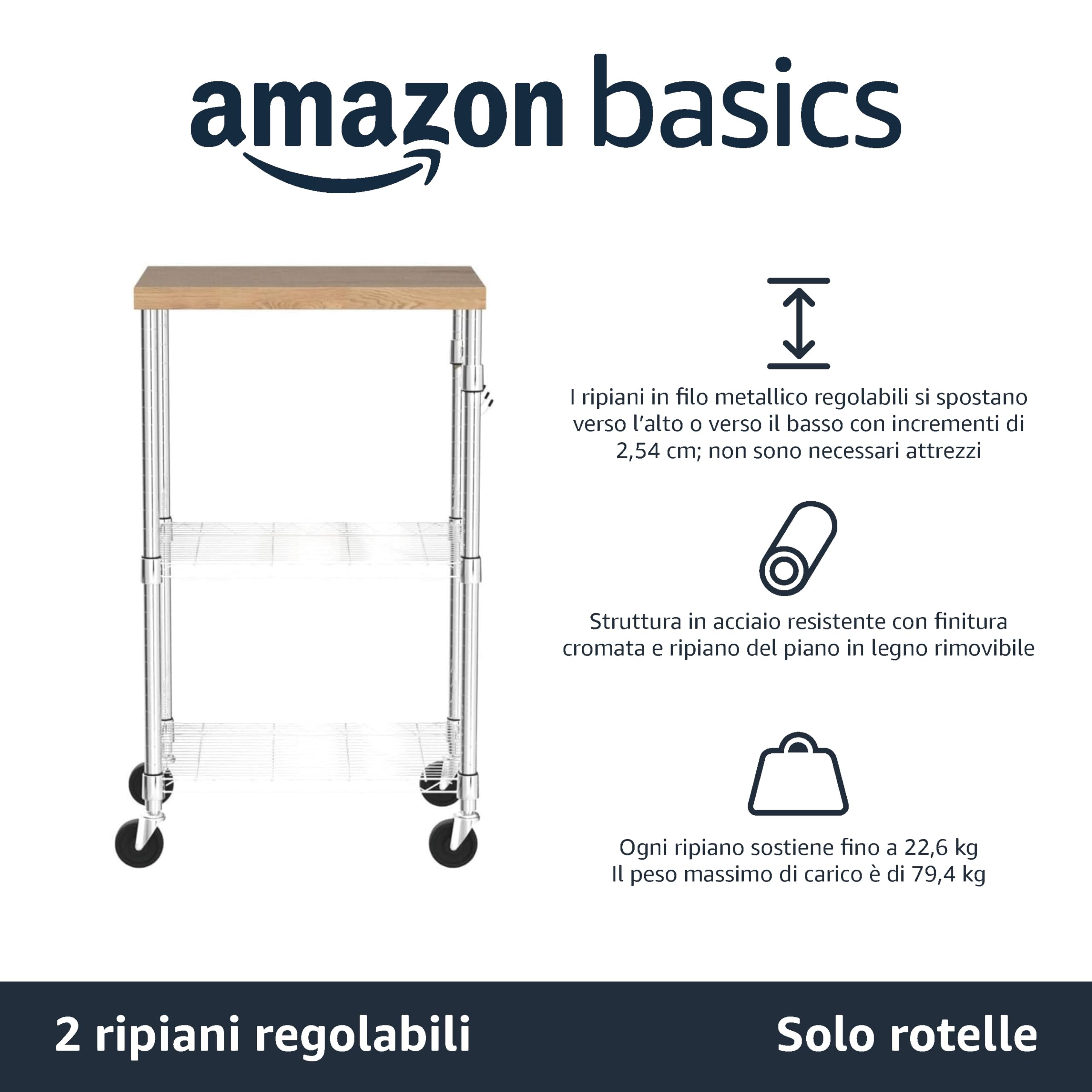 AmazonBasics scaffale cucina 3 ripiani ruote 53 x 38 x 92 cm
