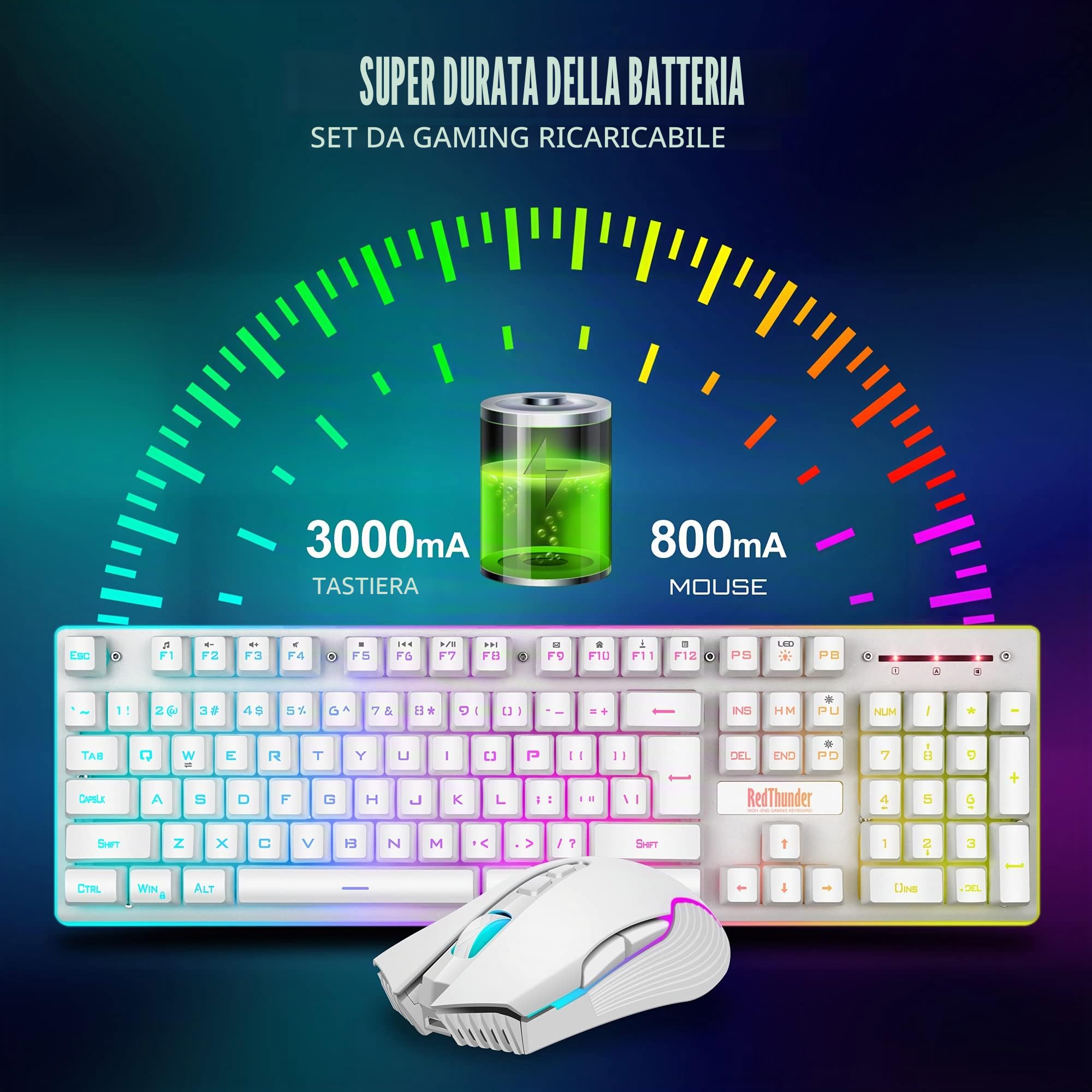 RedThunder K10 Combo Tastiera e Mouse Wireless Bianco LED