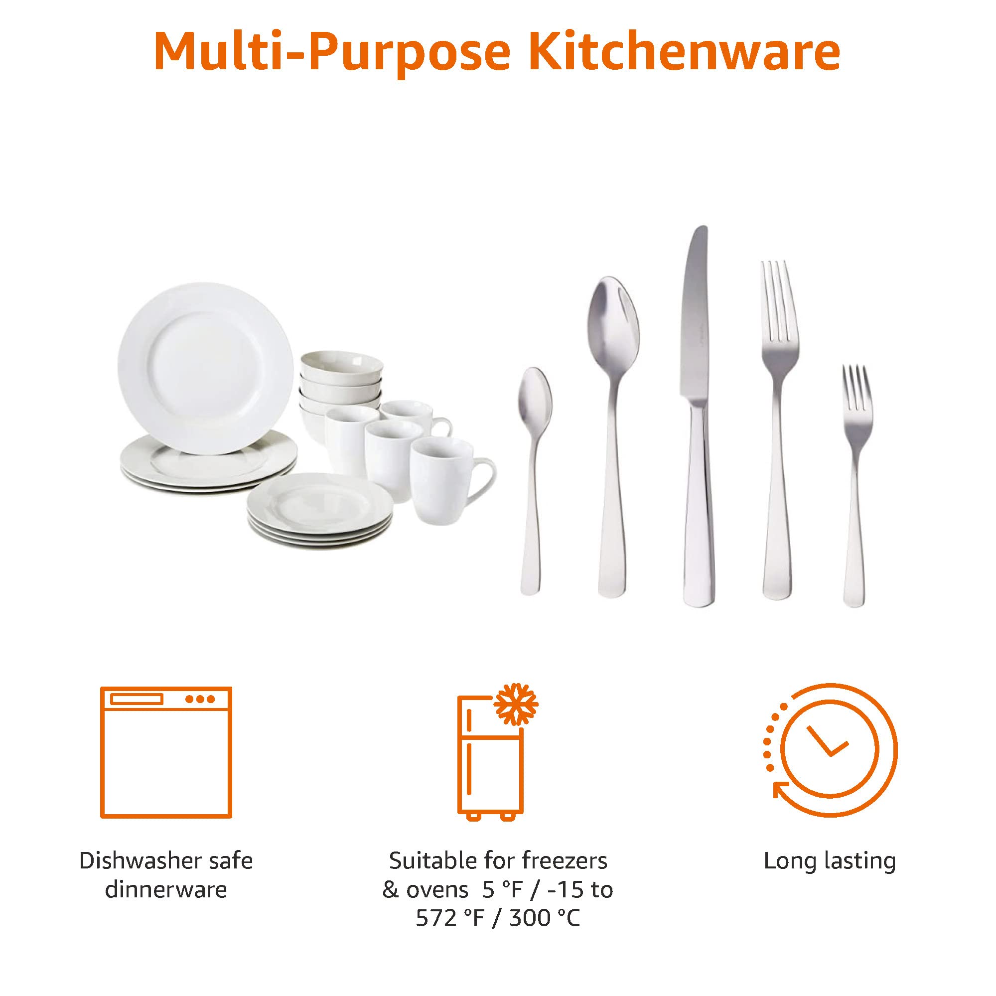 Amazon Basics Servizio Tavola 16 Piatti + 20 Posate per 4 Bianco