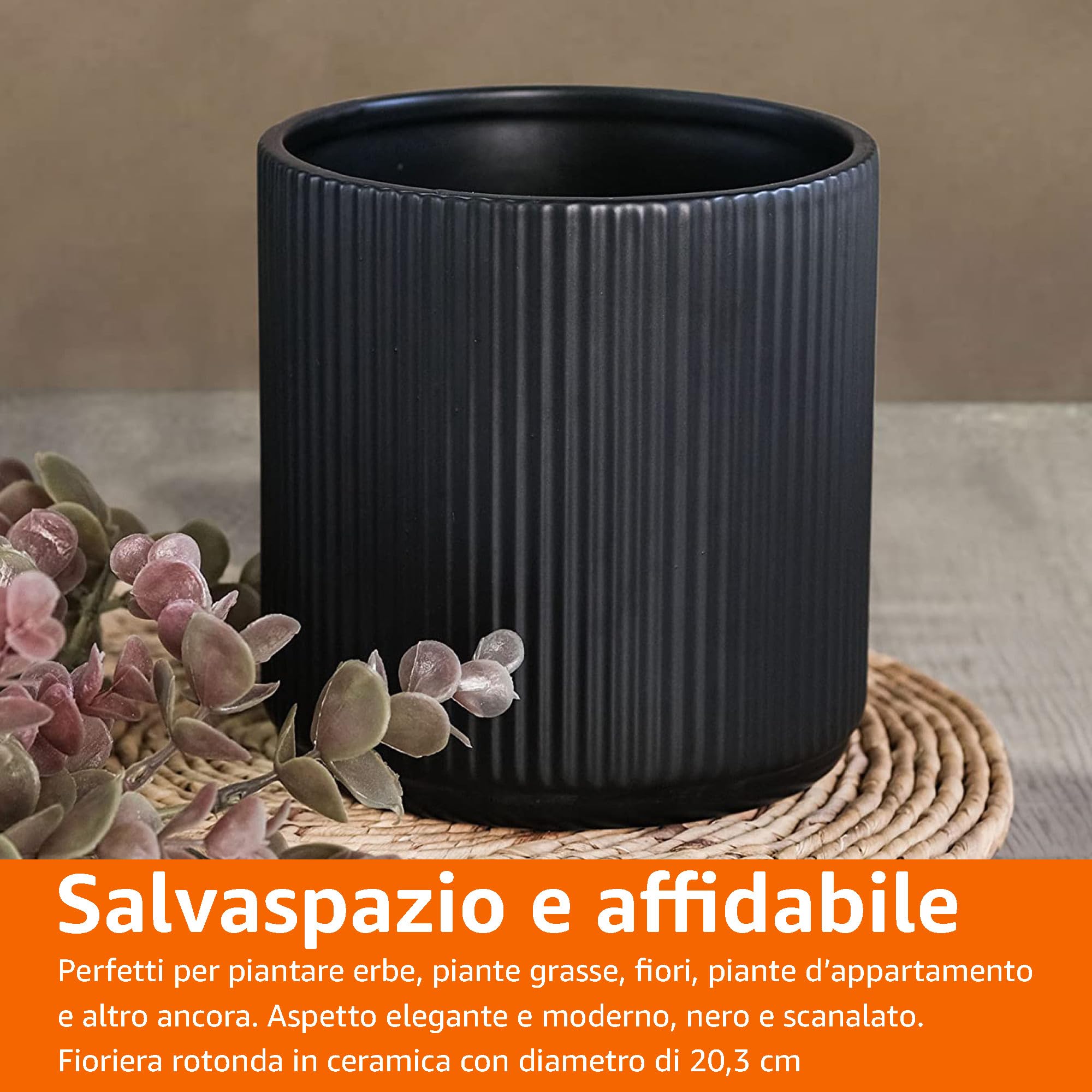 AmazonBasics Vaso Ceramica Scanalato Singolo 20,3 cm Nero Drenaggio