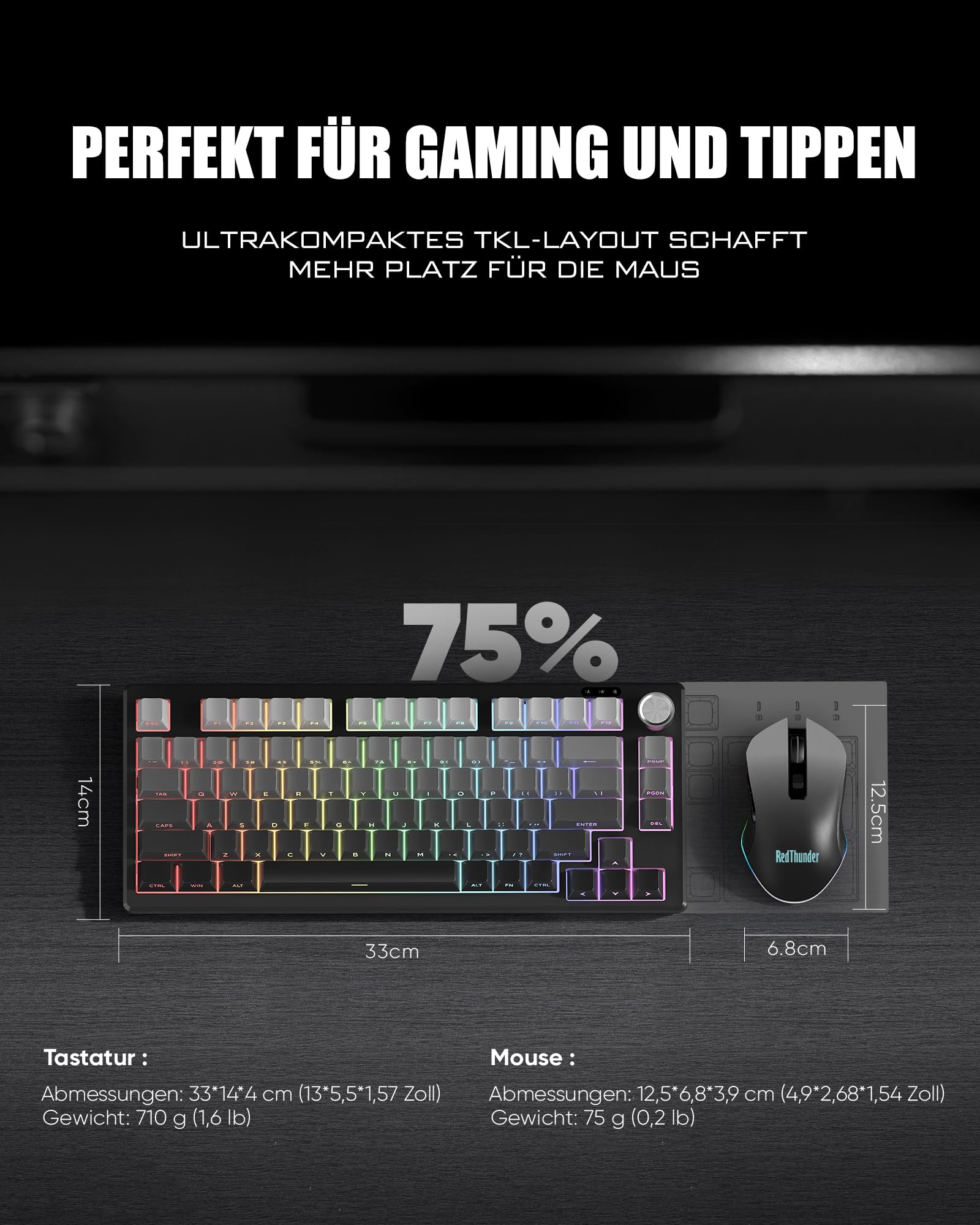 RedThunder K75 Kit Tastiera e Mouse Wireless RGB Grey