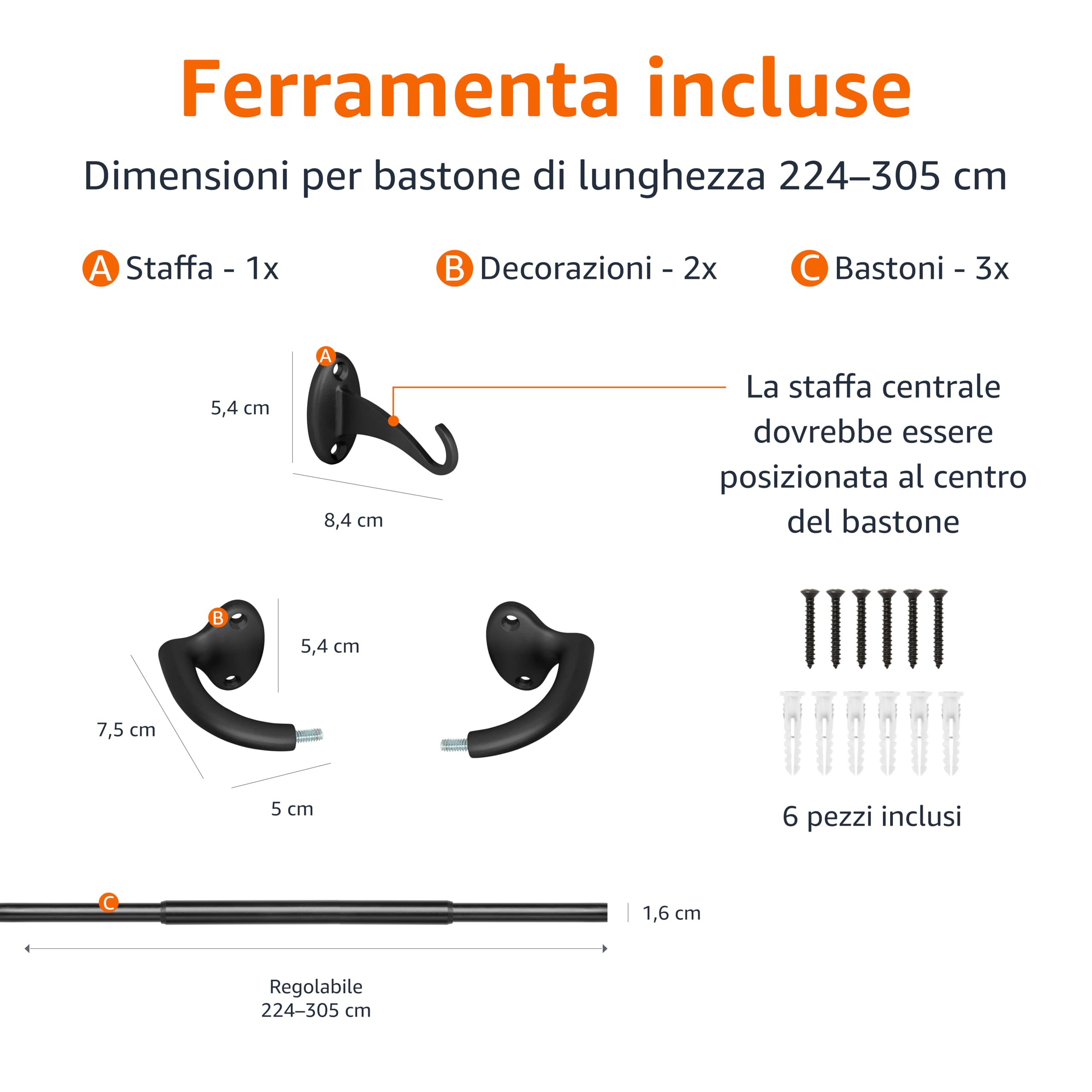 Amazon Basics Bastone Tenda Curvo 224-305 cm Nero