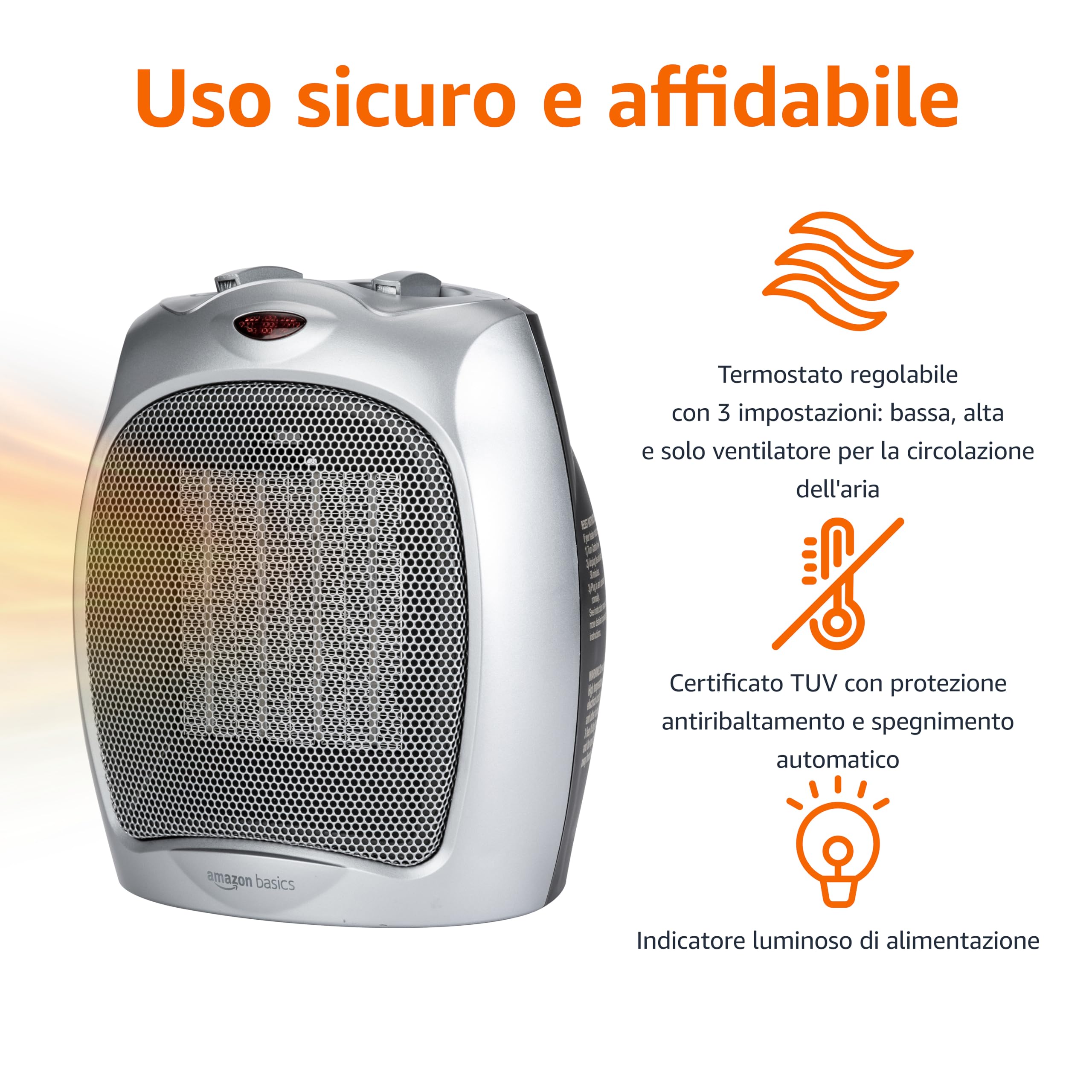 Amazon Basics Termoventilatore Ceramica 1800W Argento