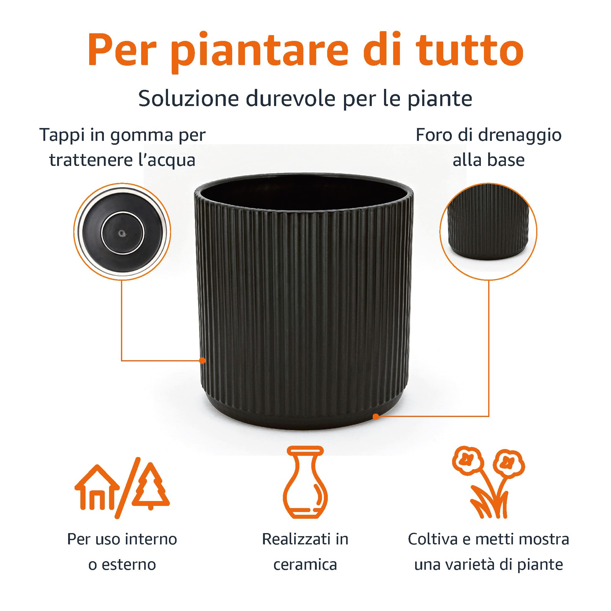 AmazonBasics Vaso Ceramica Scanalato Singolo 20,3 cm Nero Drenaggio