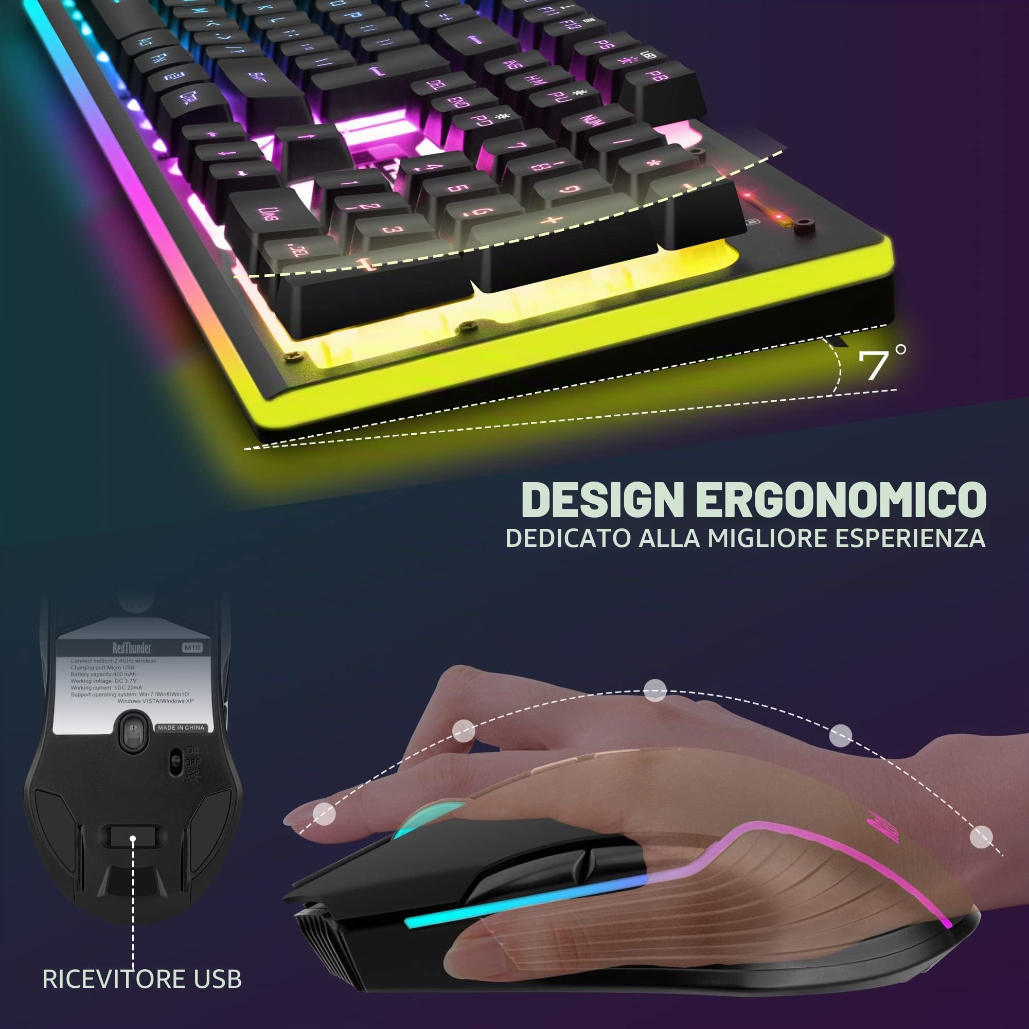 RedThunder K10 Set Tastiera Mouse Gaming Wireless Nero Retroilluminato